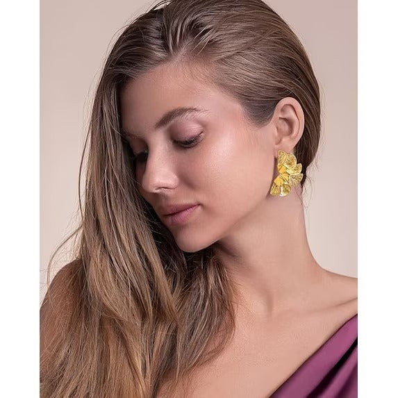 SNGIA 18K Gold Plated Large Floral Statement Drop Earrings for Women, Textured Dangle Style