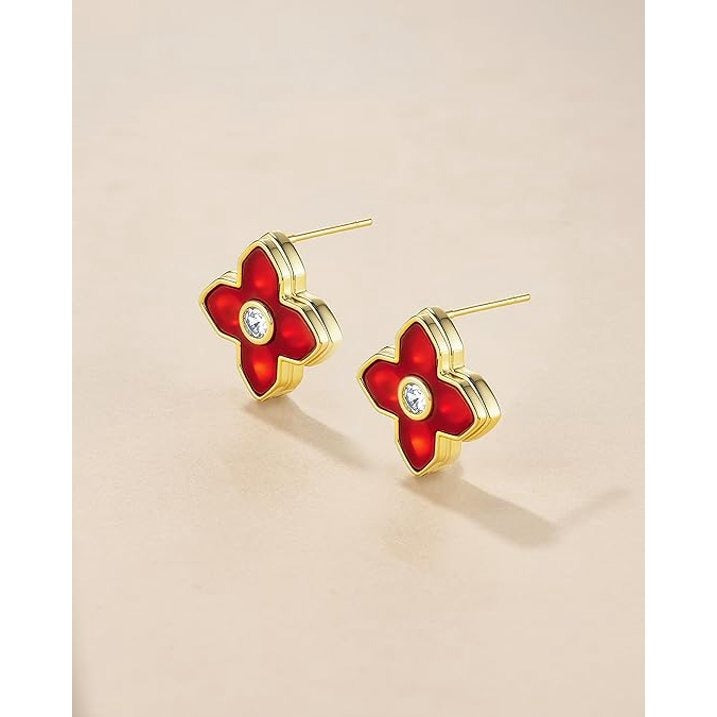 SNGIA 18K Gold Plated Red Enamel Four Leaf Clover Stud Earrings with CZ Accent for Women