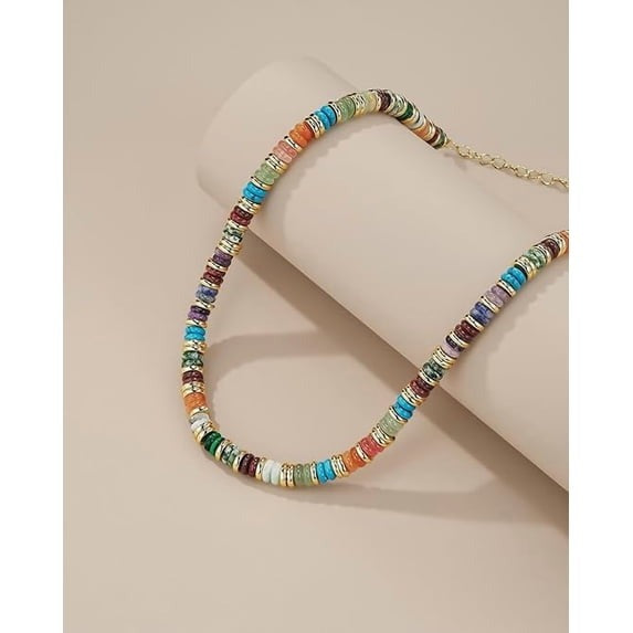 SNGIA 18K Gold Plated Natural Stone Beaded Choker Necklace for Women, Adjustable Earth