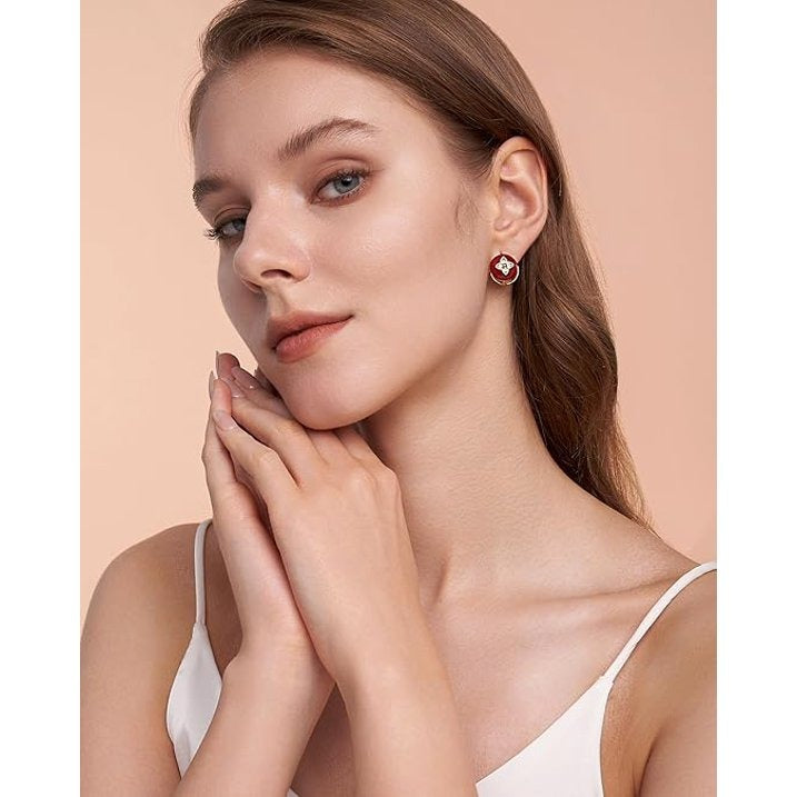 SNGIA 18K Gold Plated Burgundy Enamel Clover Round Stud Earrings with CZ for Women