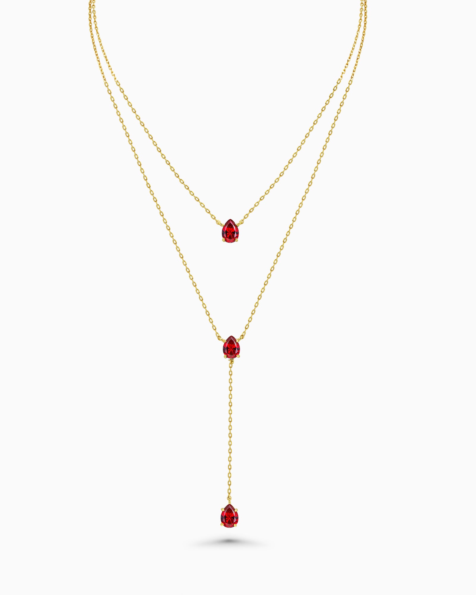 Gold Triple Layered Stacking Red Ruby Necklace