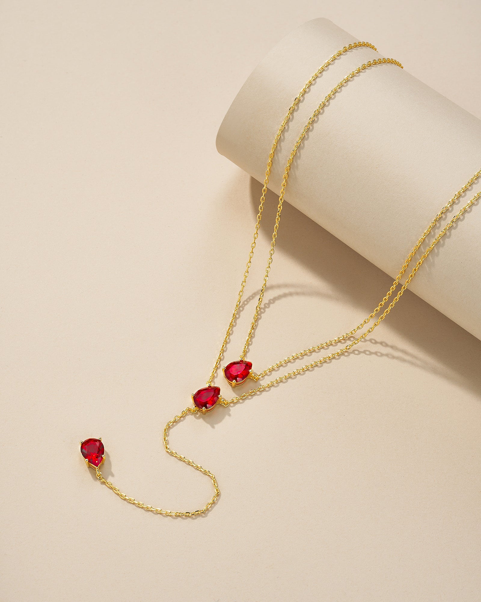 Triple Layer Stacking Necklace In Gold Tone Red Ruby Style