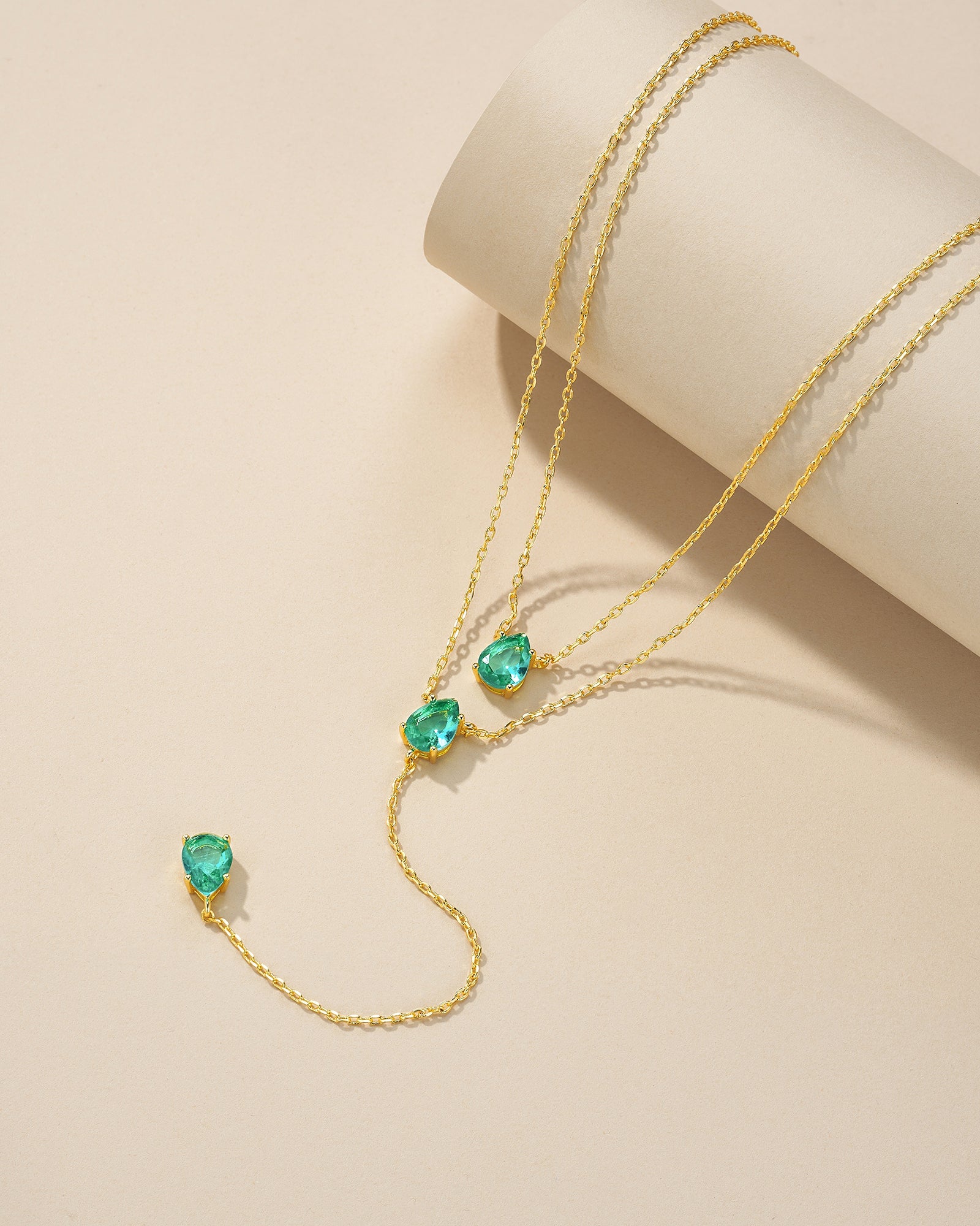 Triple Layer Stacking Necklace In Gold Tone Mint Green Stone Style