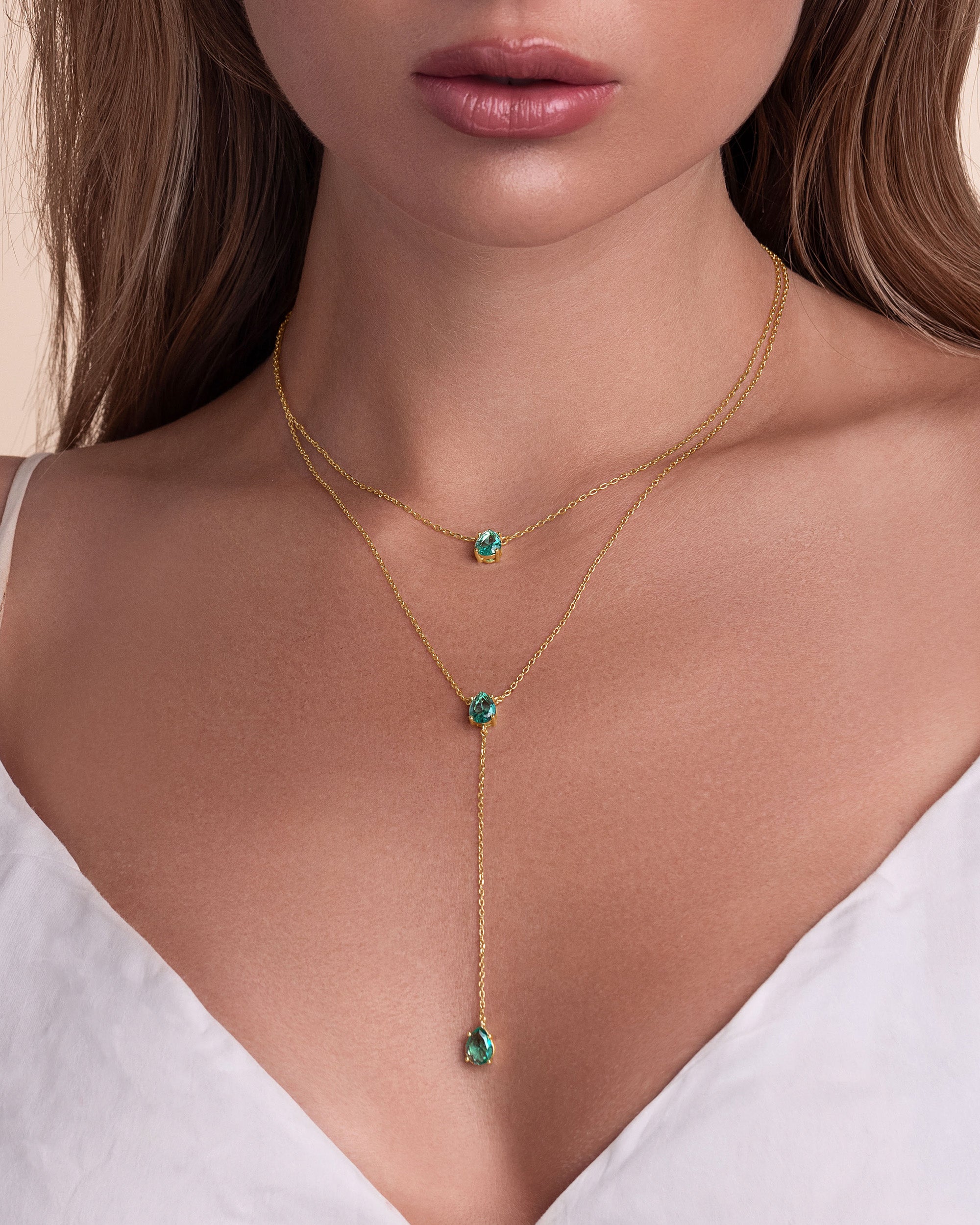 Triple Layer Stacking Necklace In Gold Tone Mint Green Stone Style