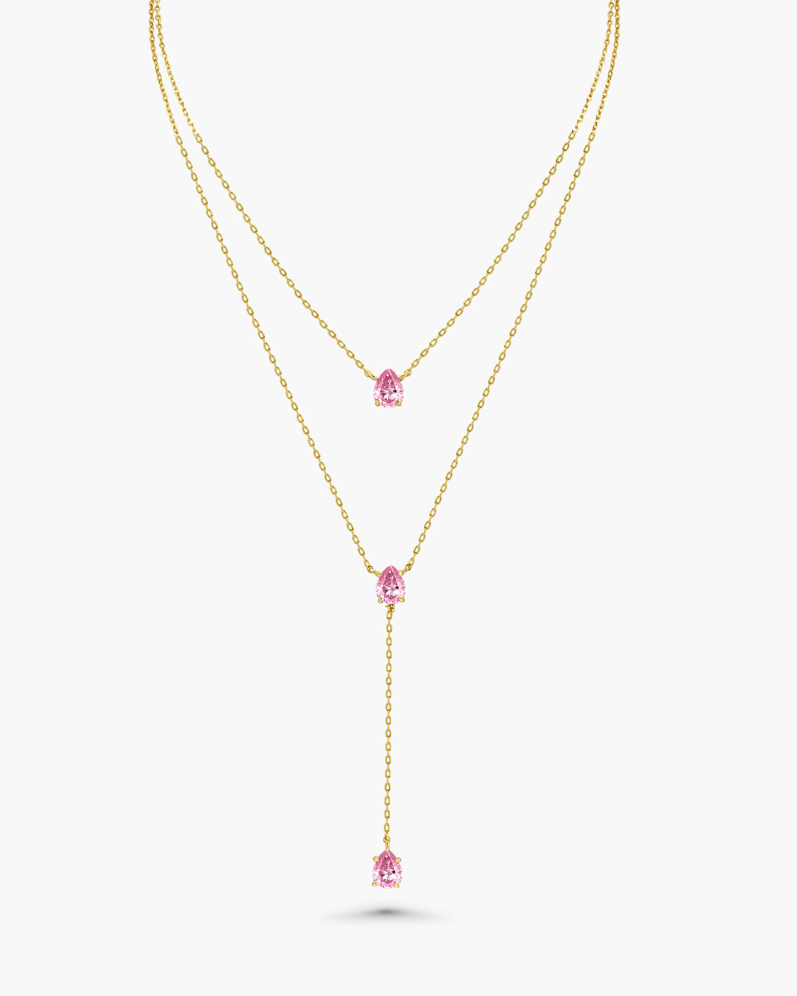 Gold Triple Layered Stacking Pink Gemstone Necklace