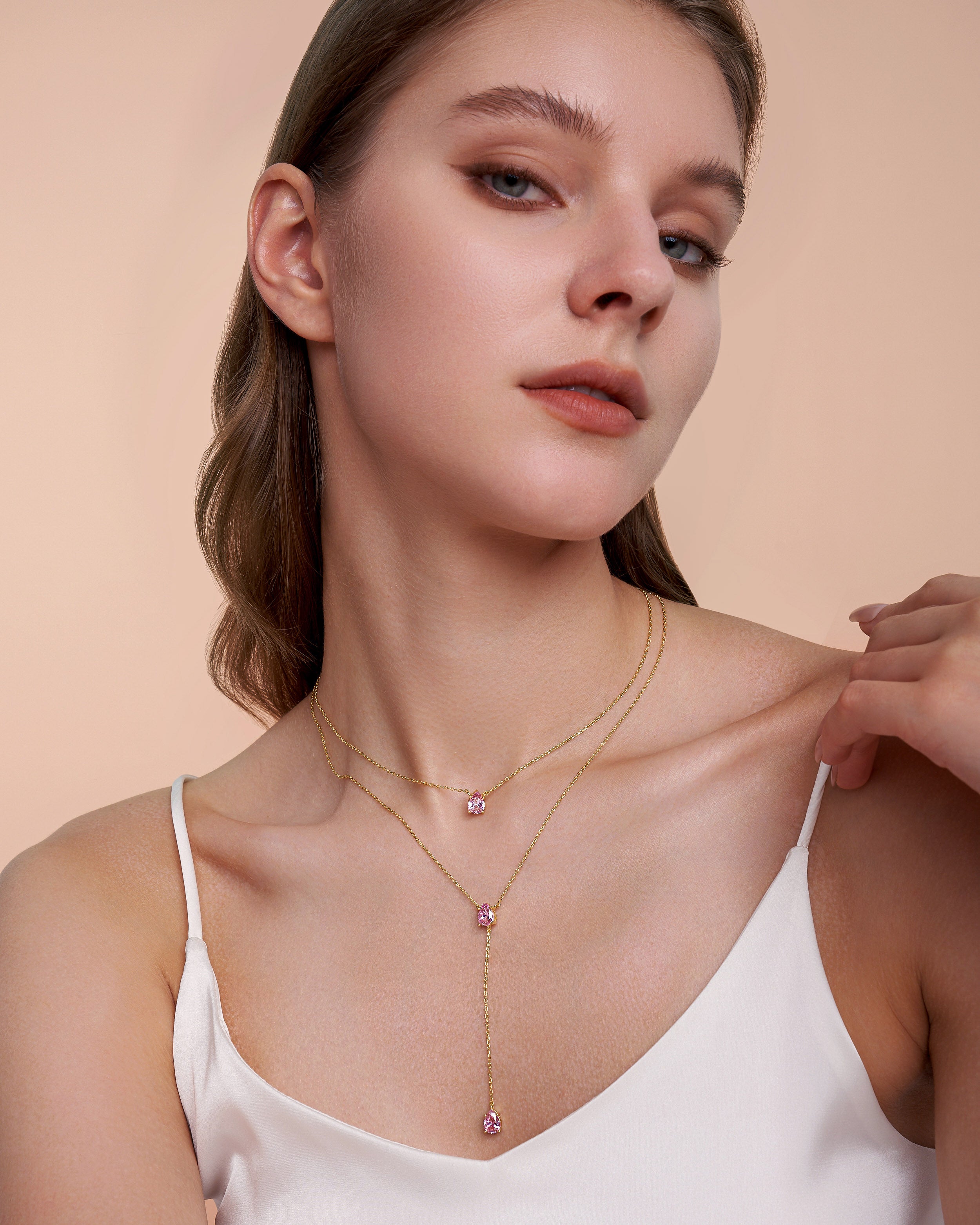 Gold Triple Layered Stacking Pink Gemstone Necklace