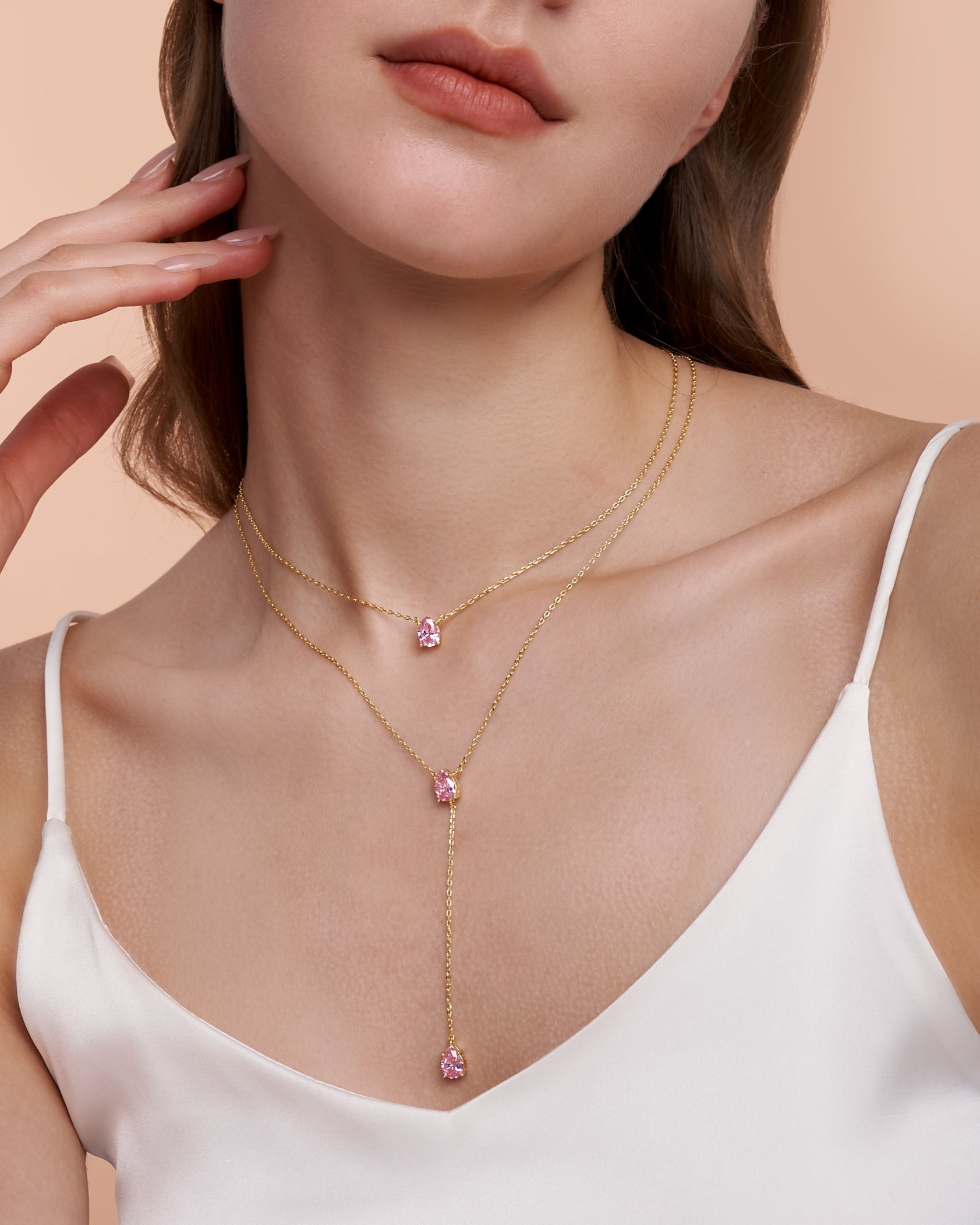 Gold Triple Layered Stacking Pink Gemstone Necklace