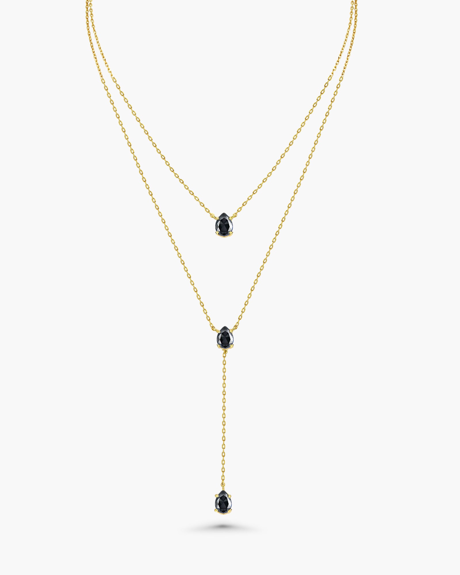 Gold Triple Layered Stacking Black Gemstone Necklace