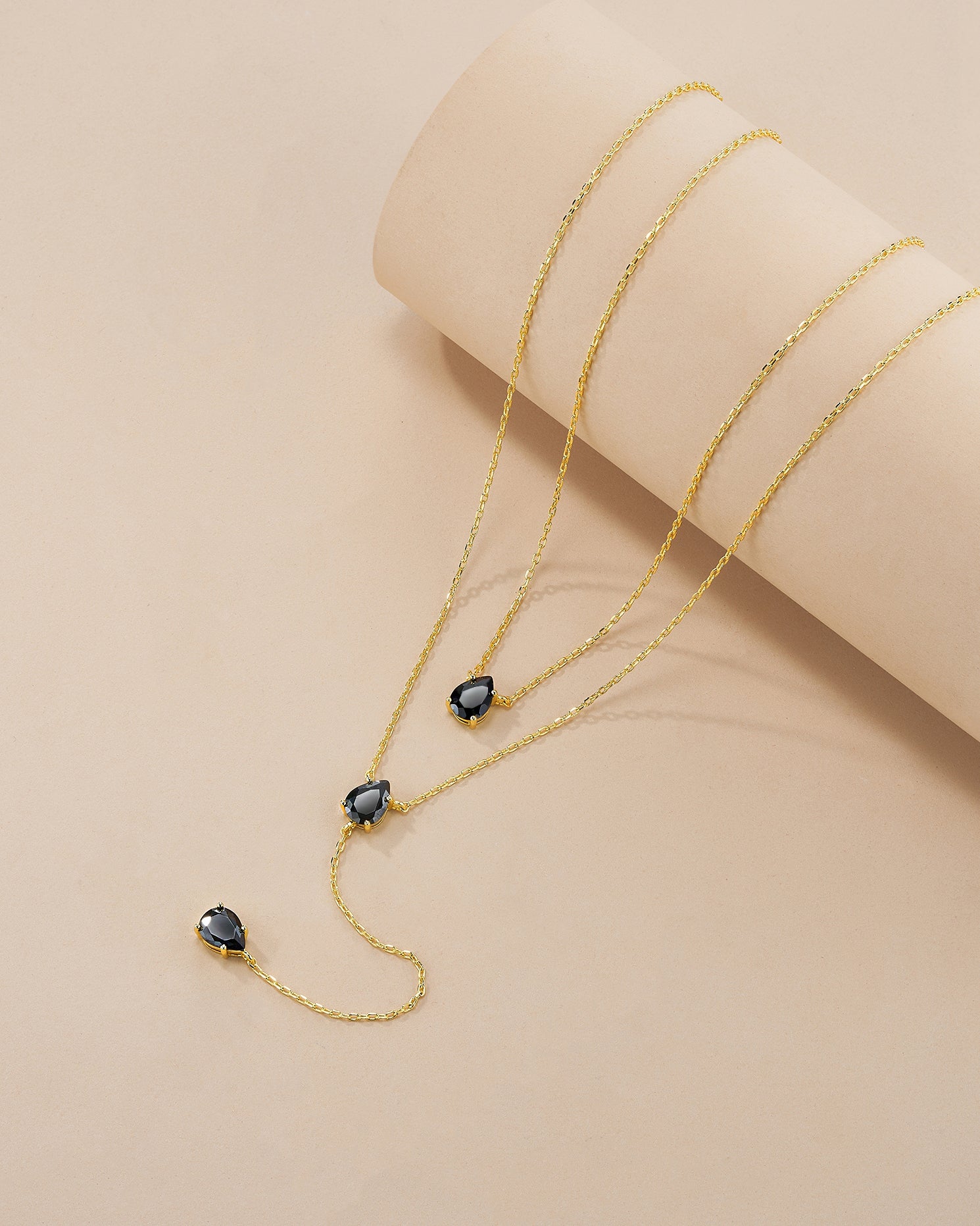 Gold Triple Layered Stacking Black Gemstone Necklace