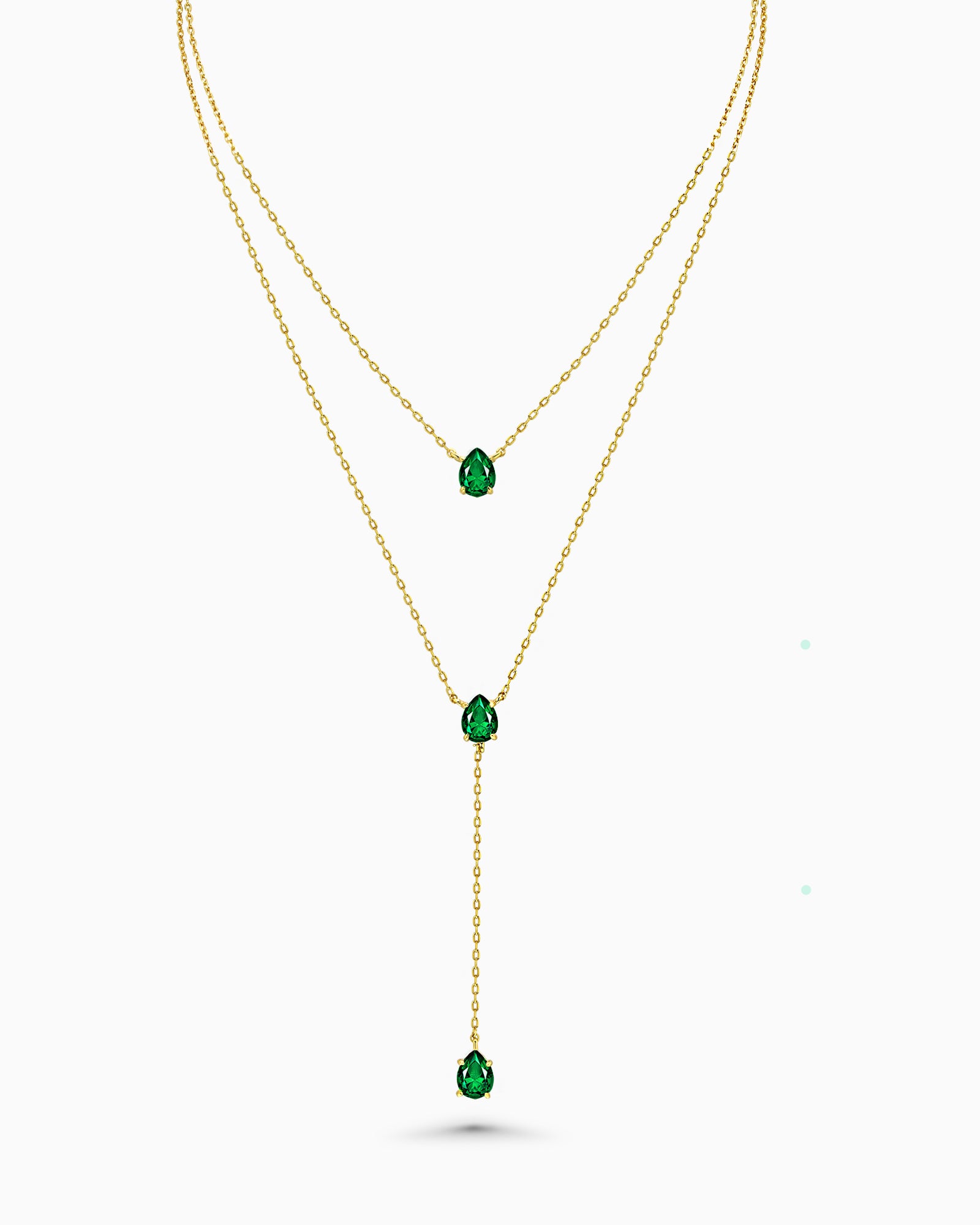 Gold Triple Layered Stacking Green Emerald Necklace