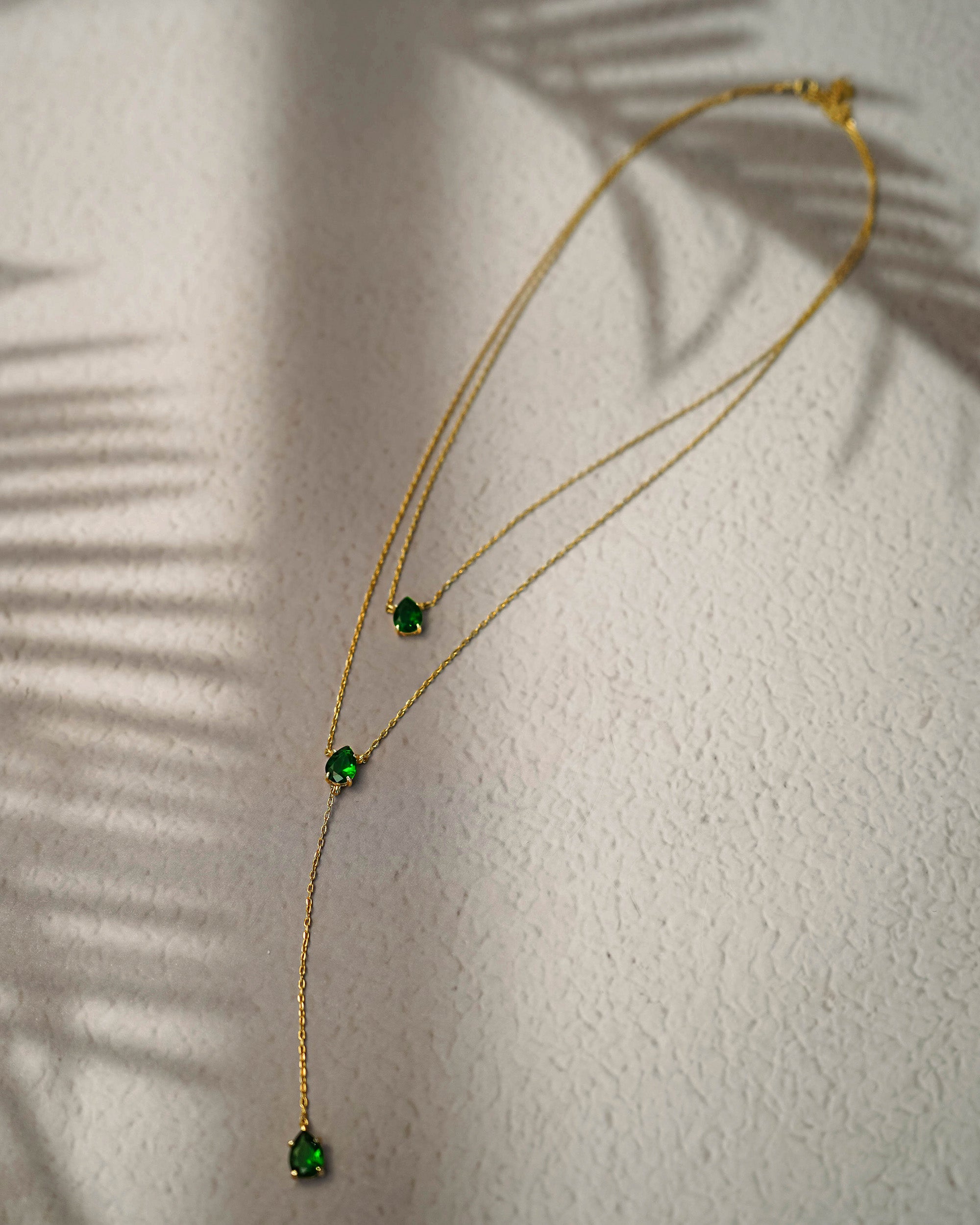 Gold Triple Layered Stacking Green Emerald Necklace