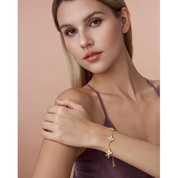18K Gold Plated Mother of Pearl Clover Station Bracelet for Women, Adjustable Floral Link
