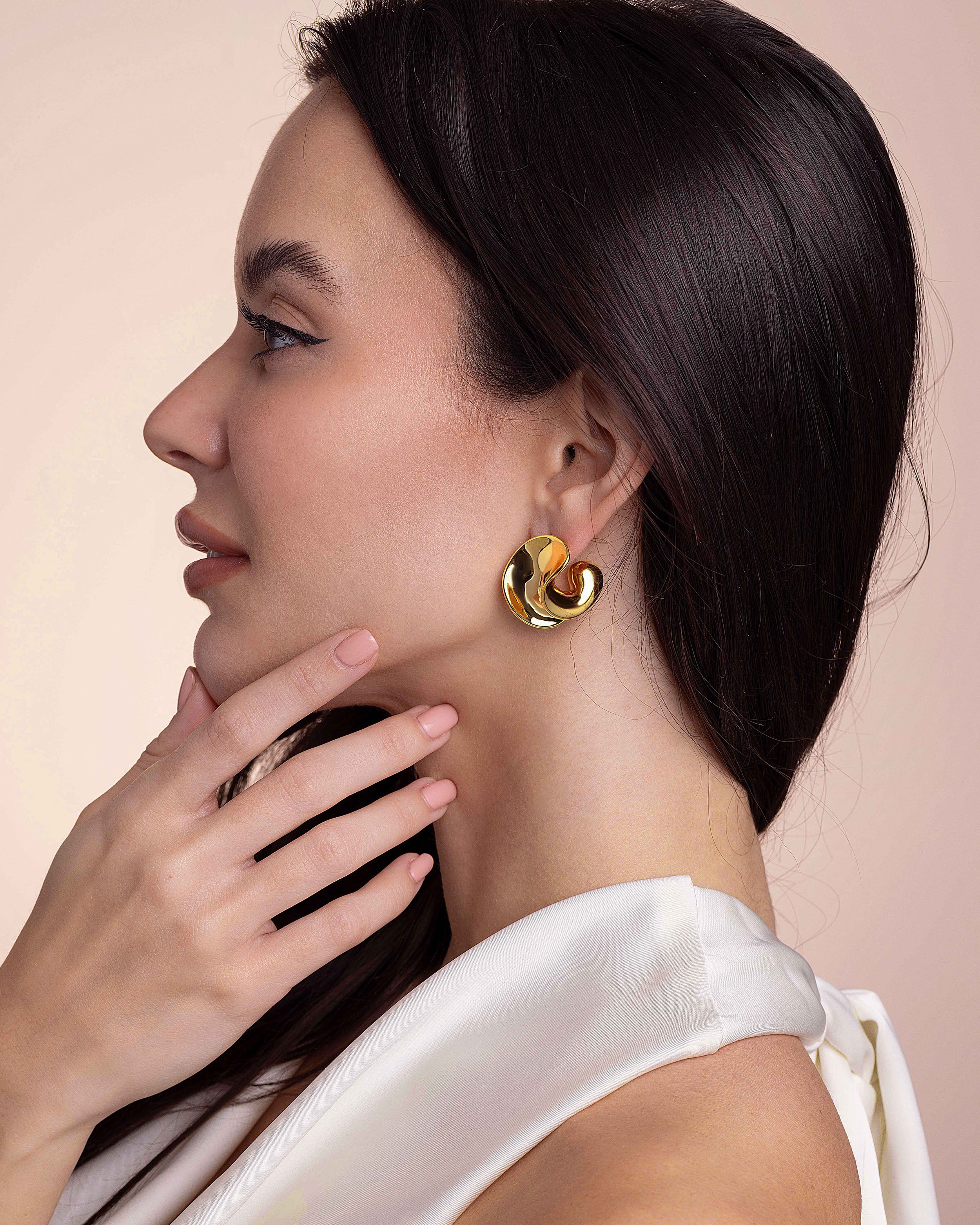 Twisted Open Hoop Stud Earrings In Gold Tone Chunky Curve Style