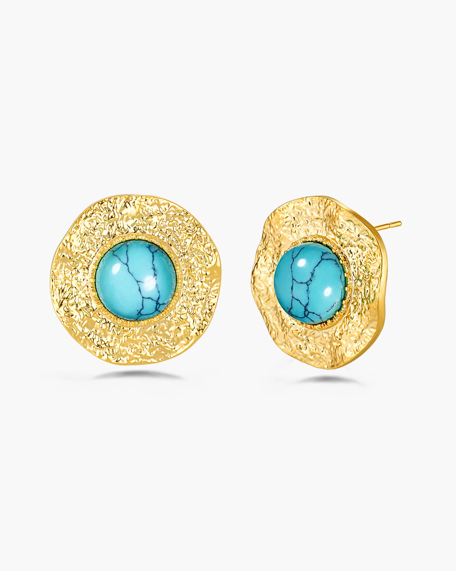 Gold Turquoise Sunflower Textured Round Earrings