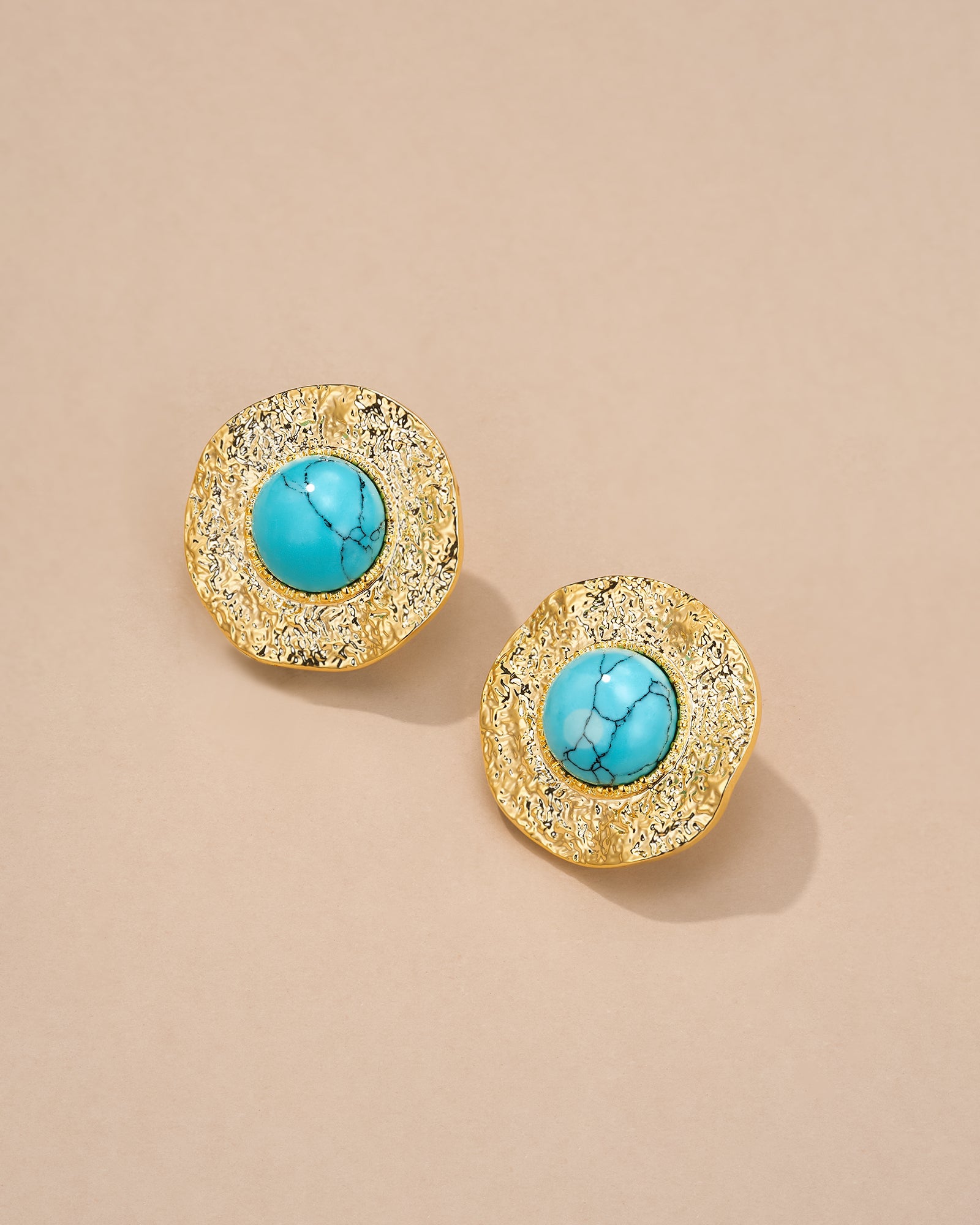 Gold Turquoise Sunflower Textured Round Earrings