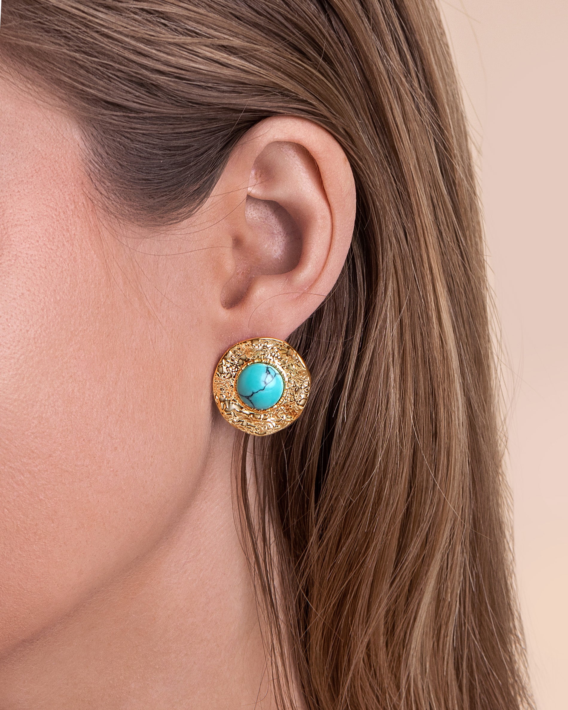 Gold Turquoise Sunflower Textured Round Earrings