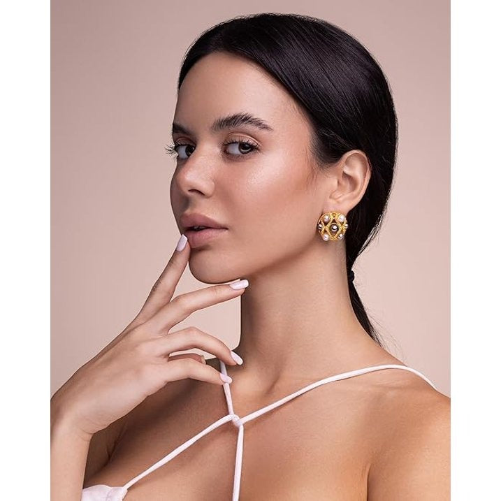 SNGIA 18K Gold Plated Pearl Statement Stud Earrings for Women, Textured Round Button Style