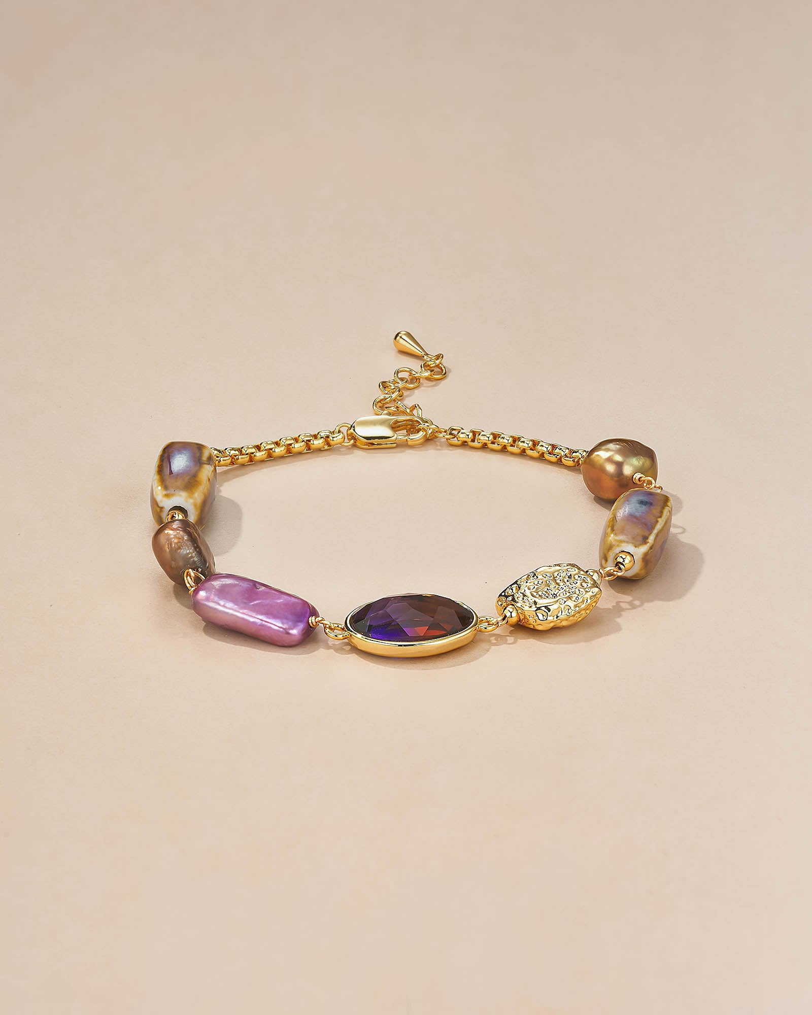 Purple Mother of Pearl Gemstone Charm Tennis Station Bracelet