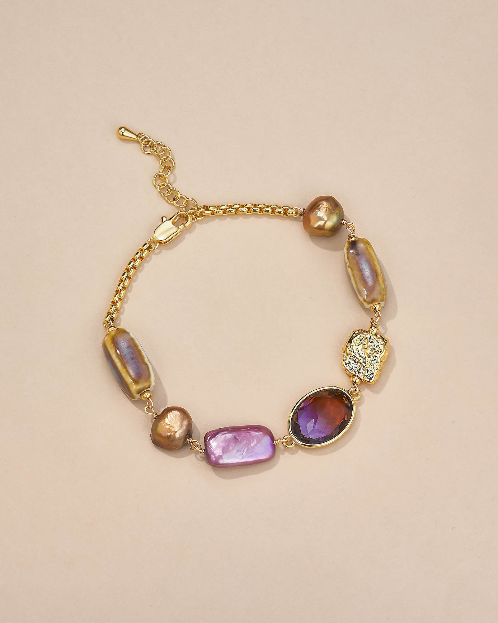 Purple Mother of Pearl Gemstone Charm Tennis Station Bracelet