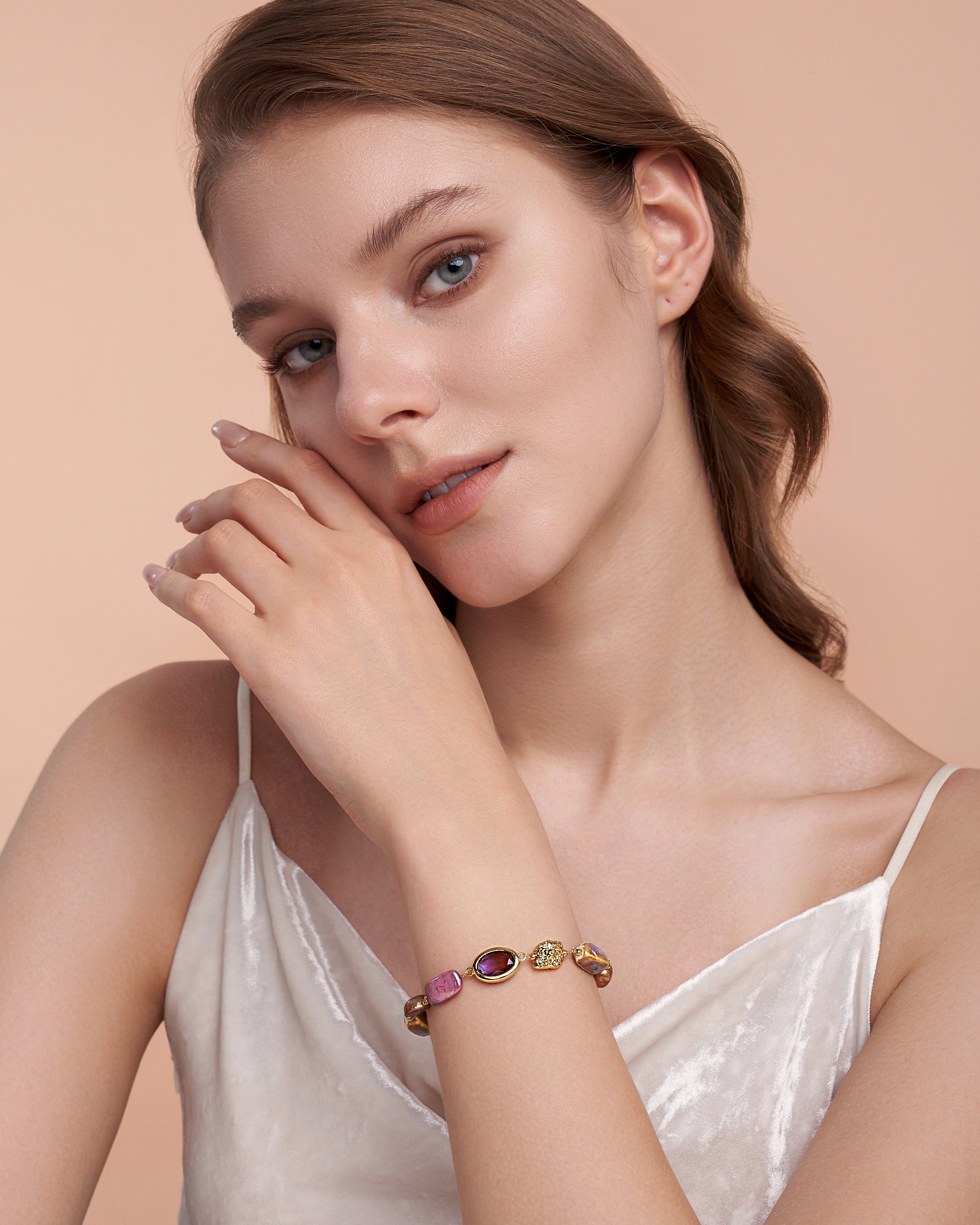 Purple Mother of Pearl Gemstone Charm Tennis Station Bracelet