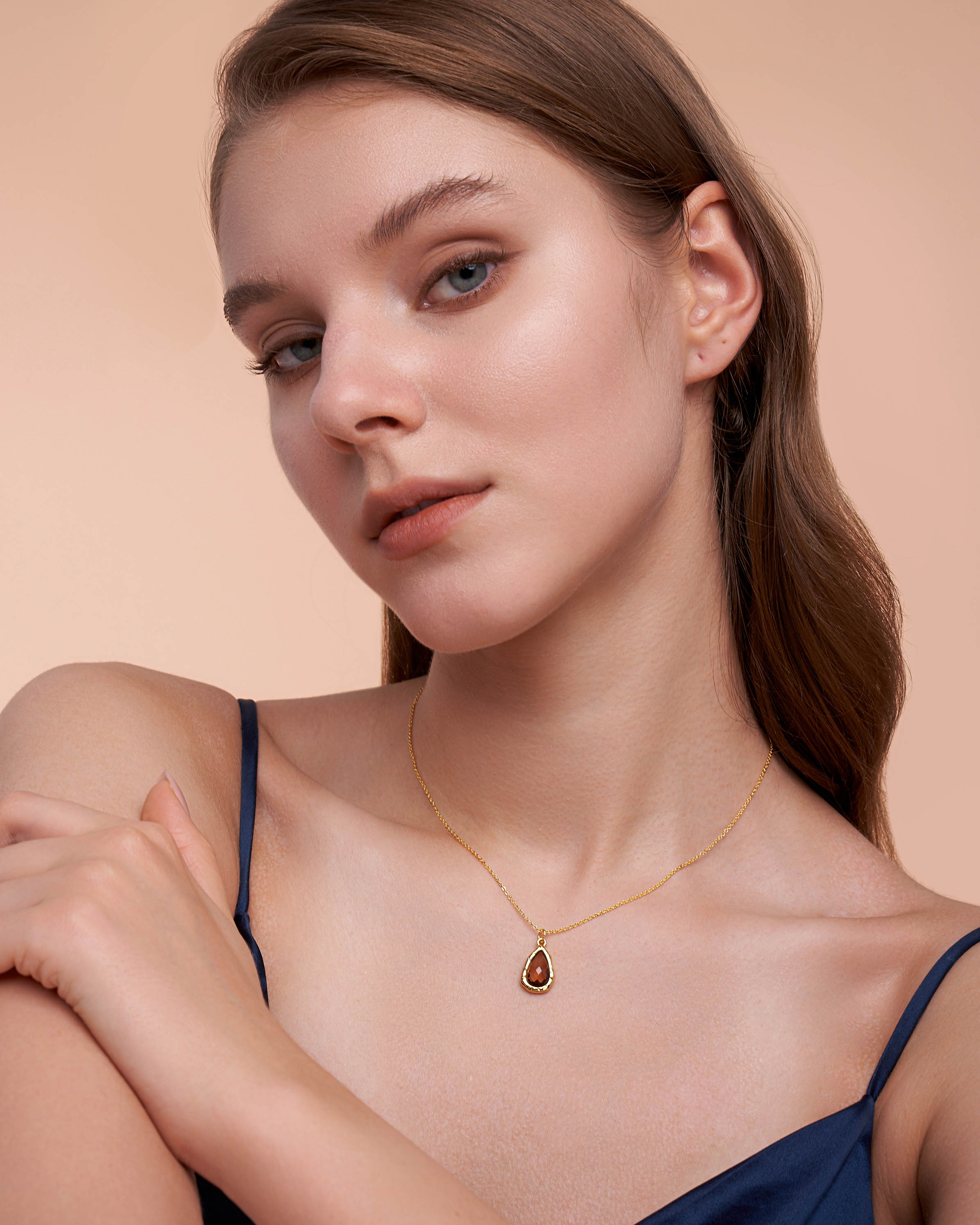 Gold Brown Amber Cognac Pendant Necklace