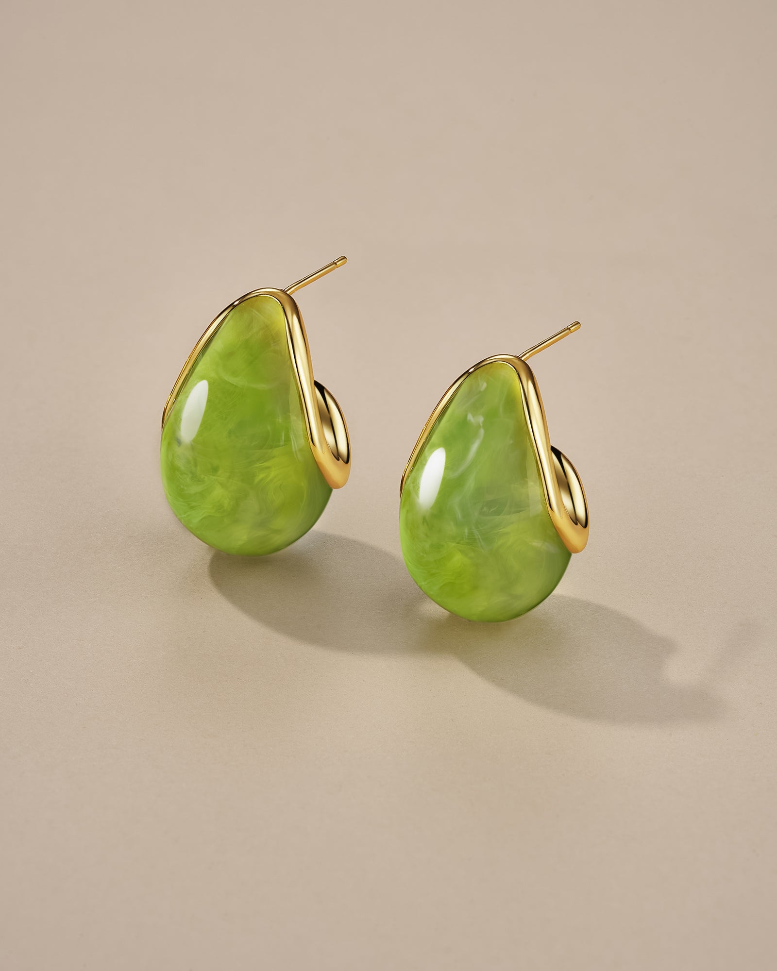 C Shape Teardrop Dangle Earrings In Gold Tone Green Resin Style