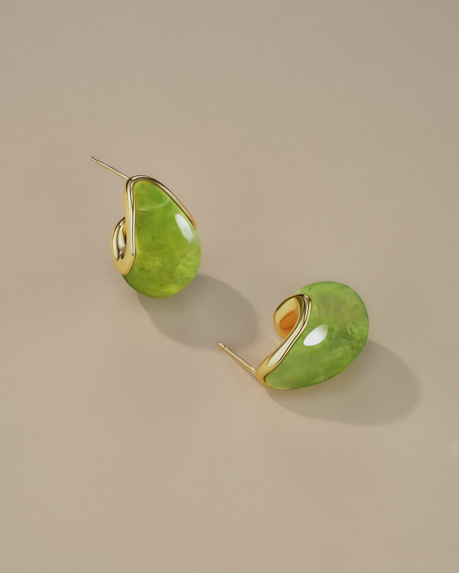 C Shape Teardrop Dangle Earrings In Gold Tone Green Resin Style