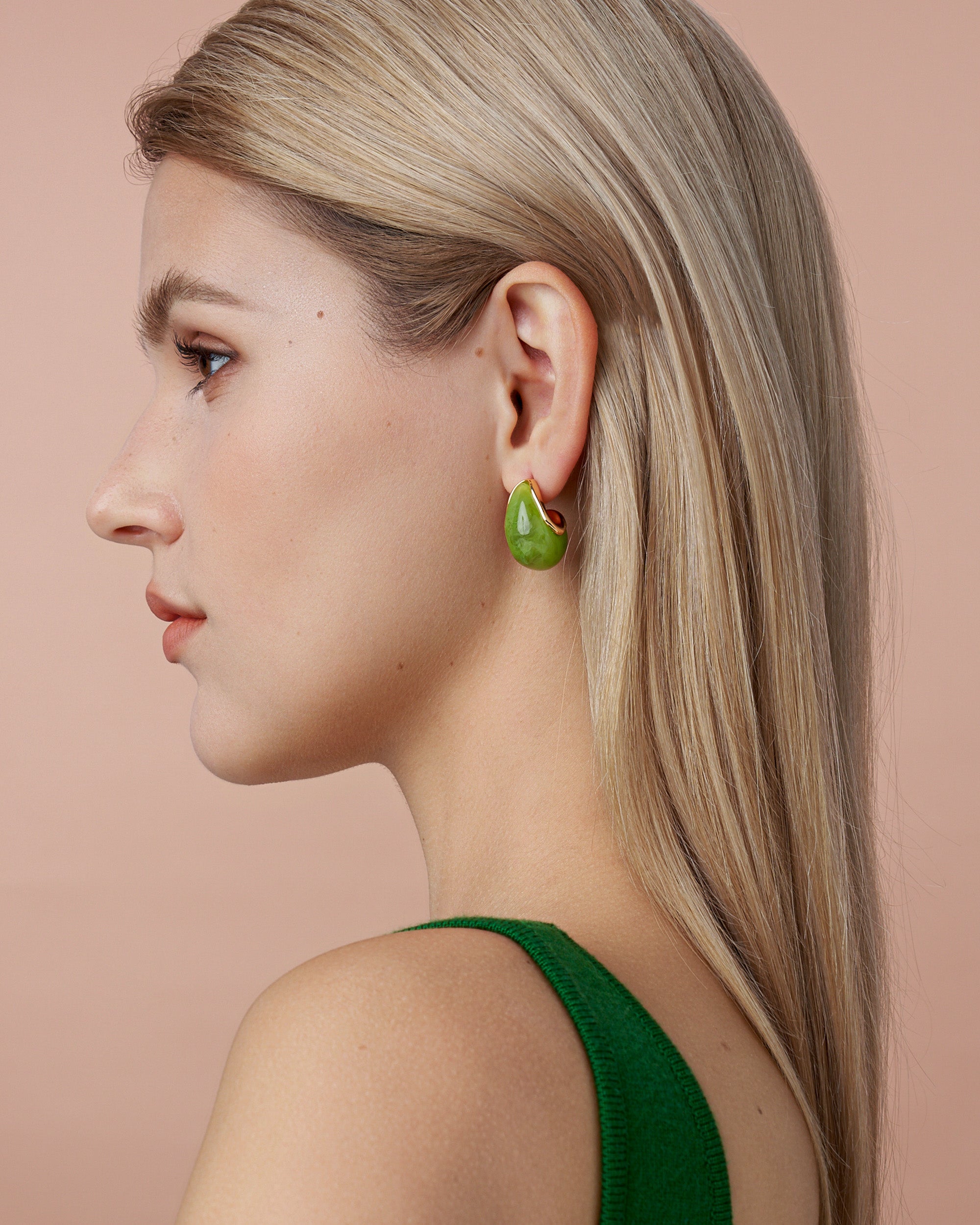 C Shape Teardrop Dangle Earrings In Gold Tone Green Resin Style