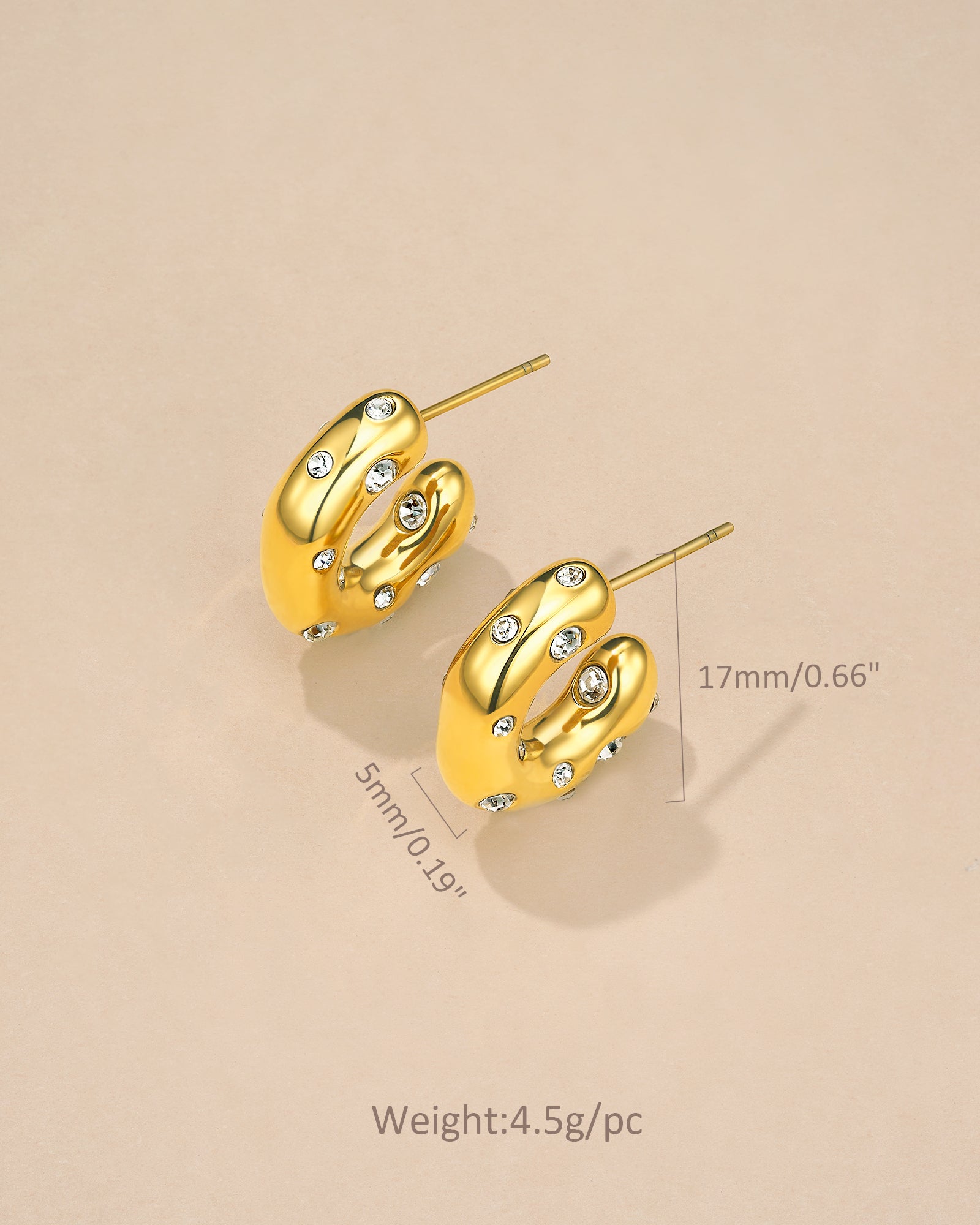 C Shape Sculptural Stud Earrings With Clear CZ Accent