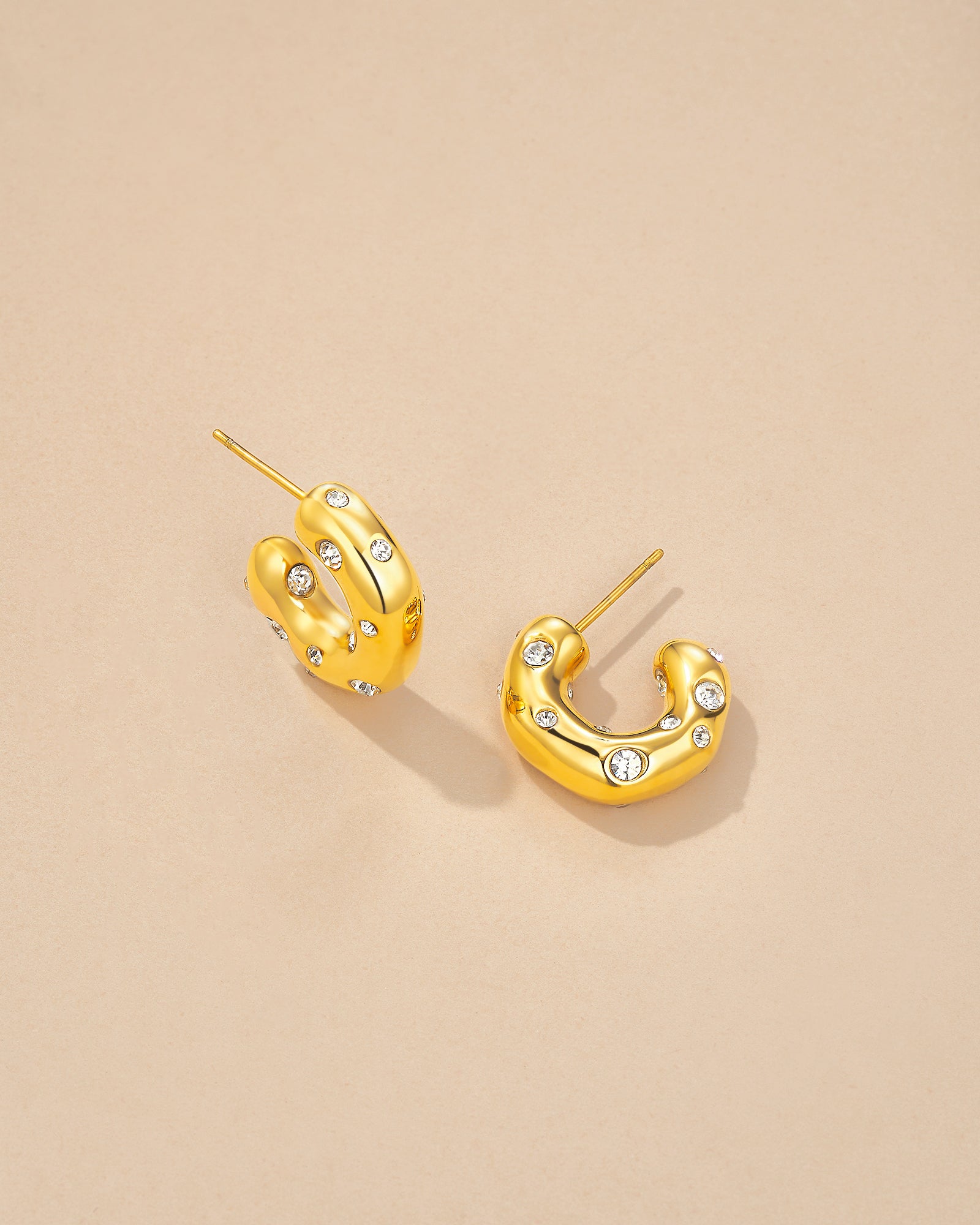 C Shape Sculptural Stud Earrings With Clear CZ Accent