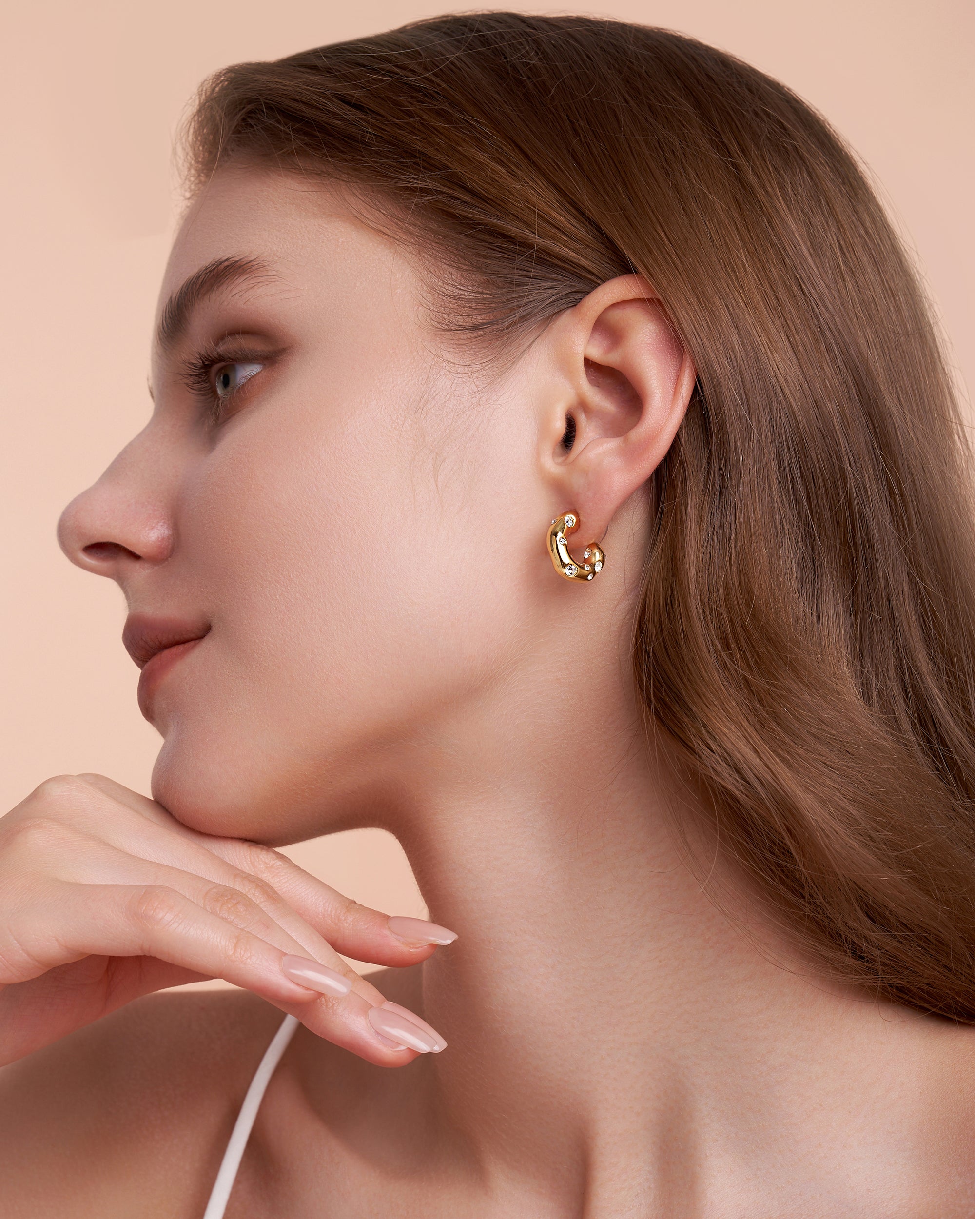 Cubic Zirconia Embellished C-Shape Sculptural Stud Earrings