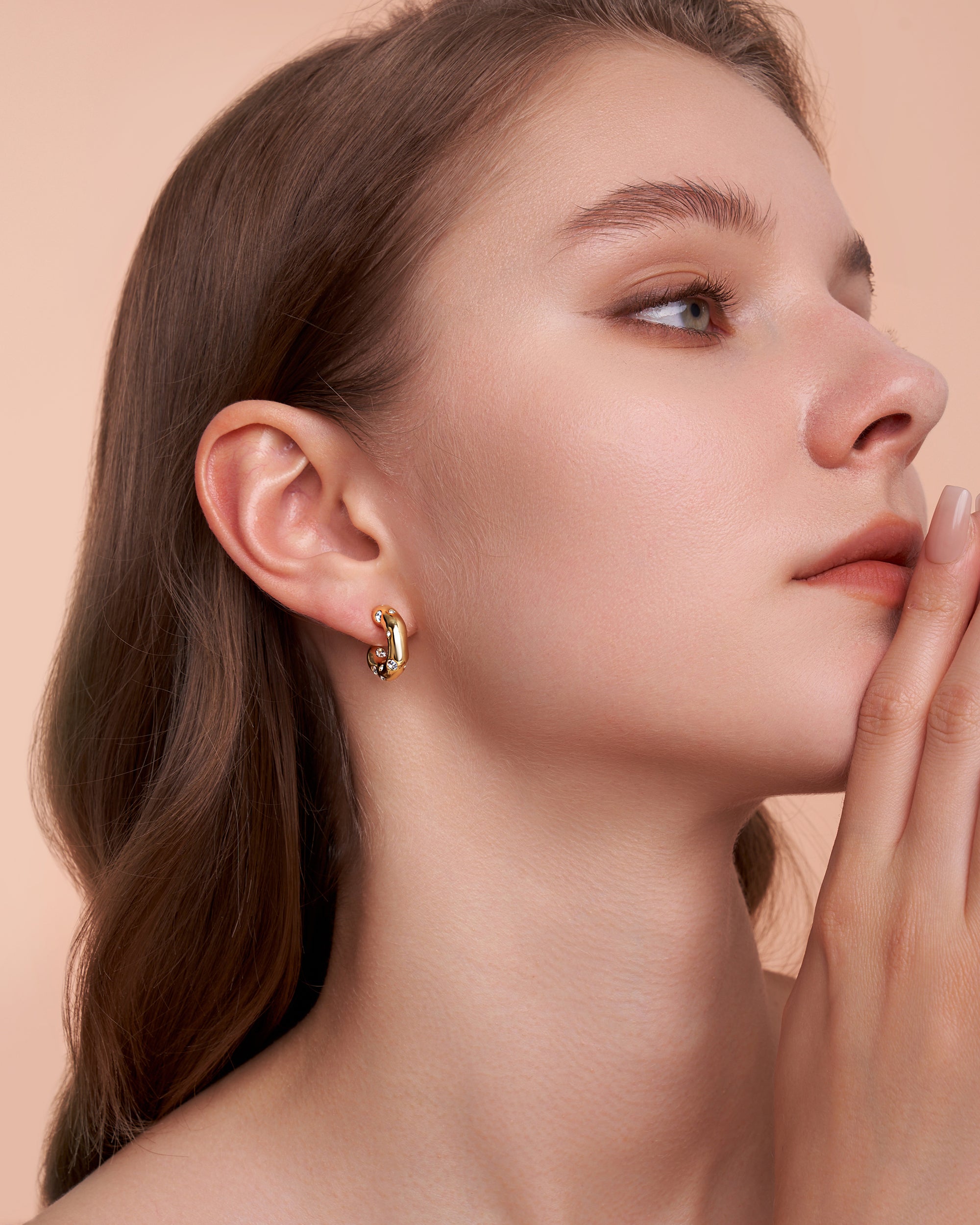 C Shape Sculptural Stud Earrings With Clear CZ Accent