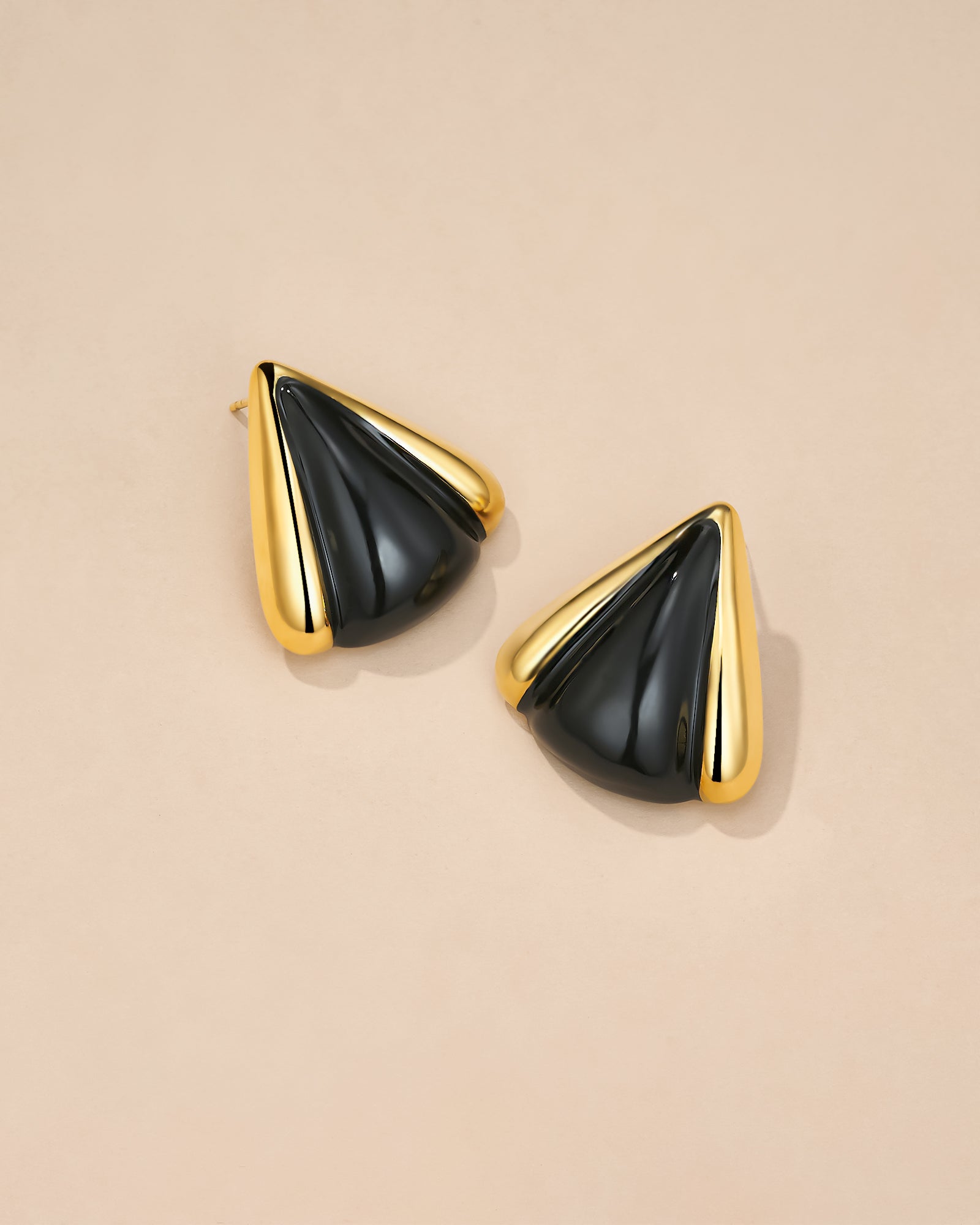 Gold Chunky Triangular Earrings with Black Enamel