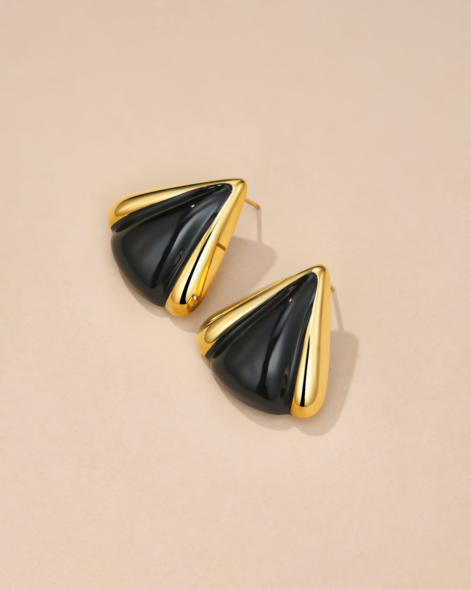 Gold Chunky Triangular Earrings with Black Enamel