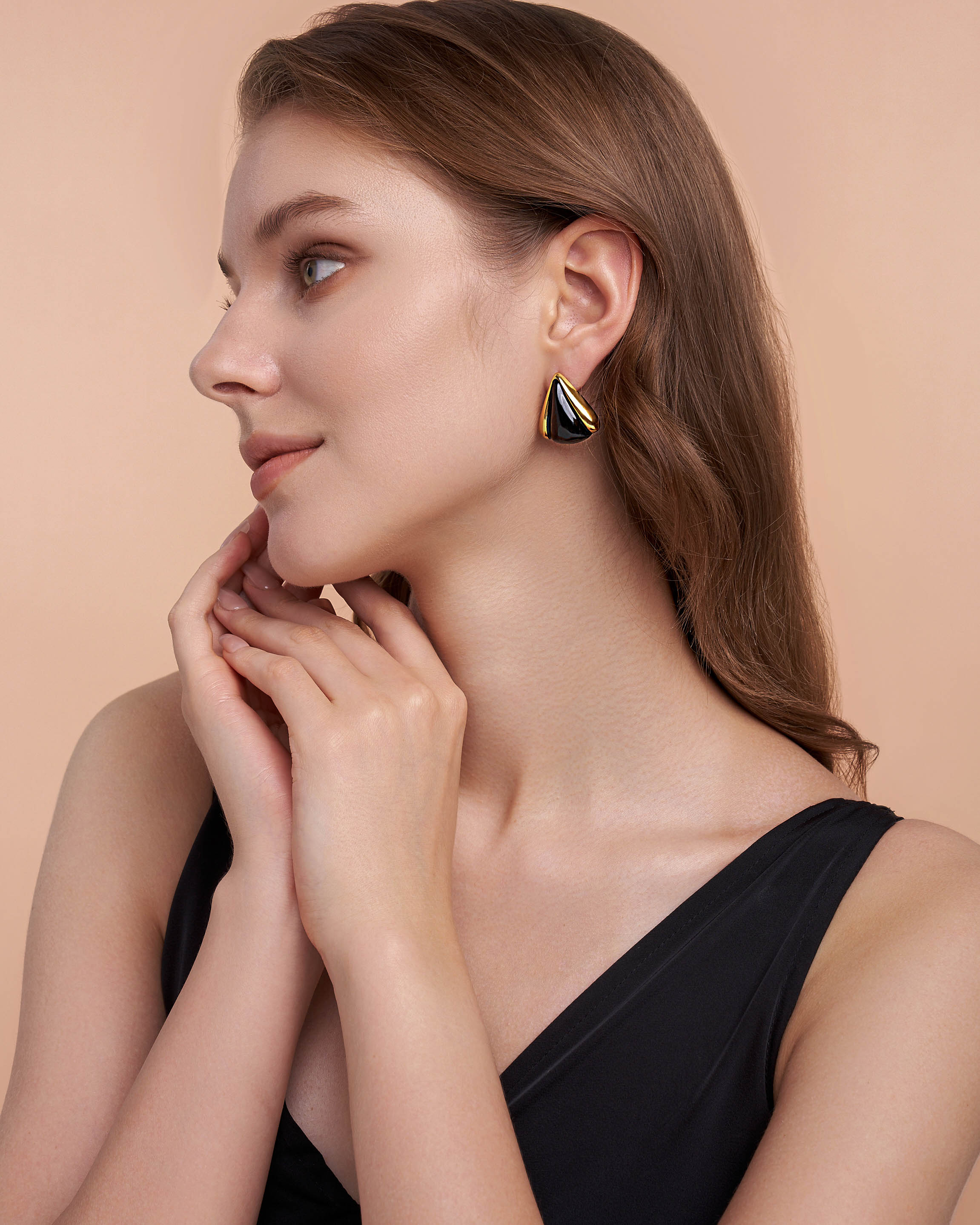 Gold Chunky Triangular Earrings with Black Enamel