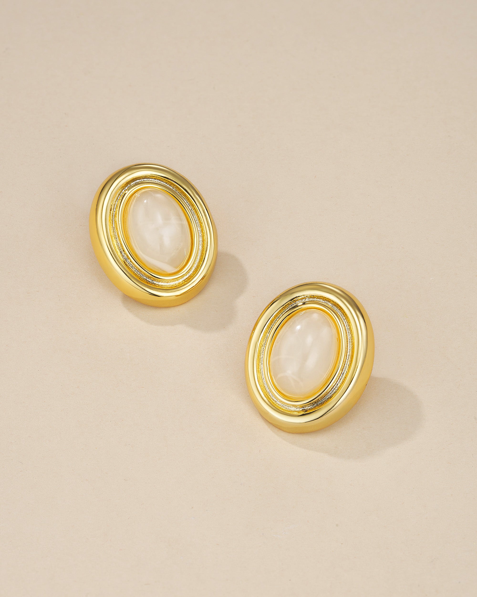 Chunky Stud Earrings In Gold Tone With White Cotton Enamel Style