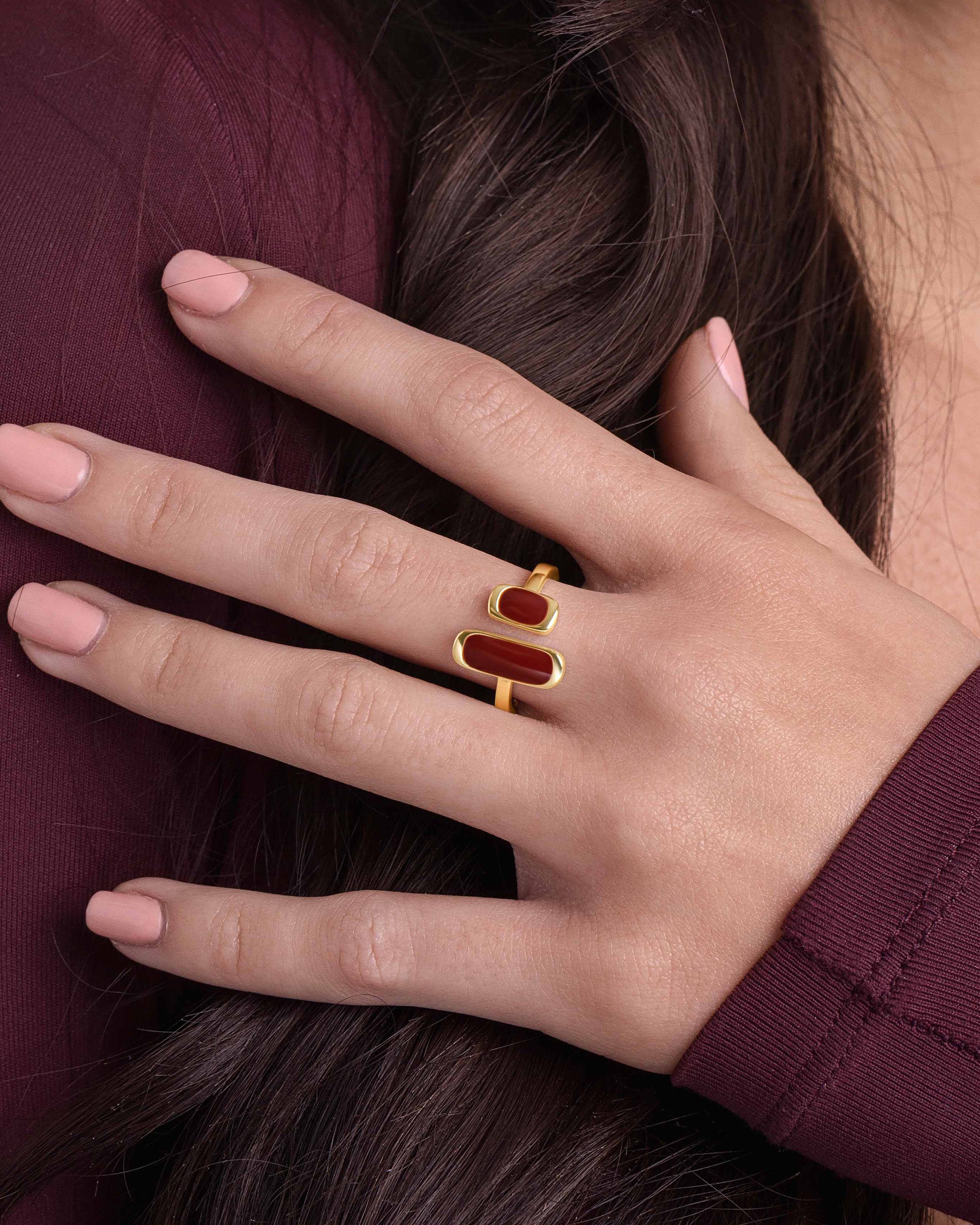 Minimalist Gold Maroon Enamel Adjustable Ring