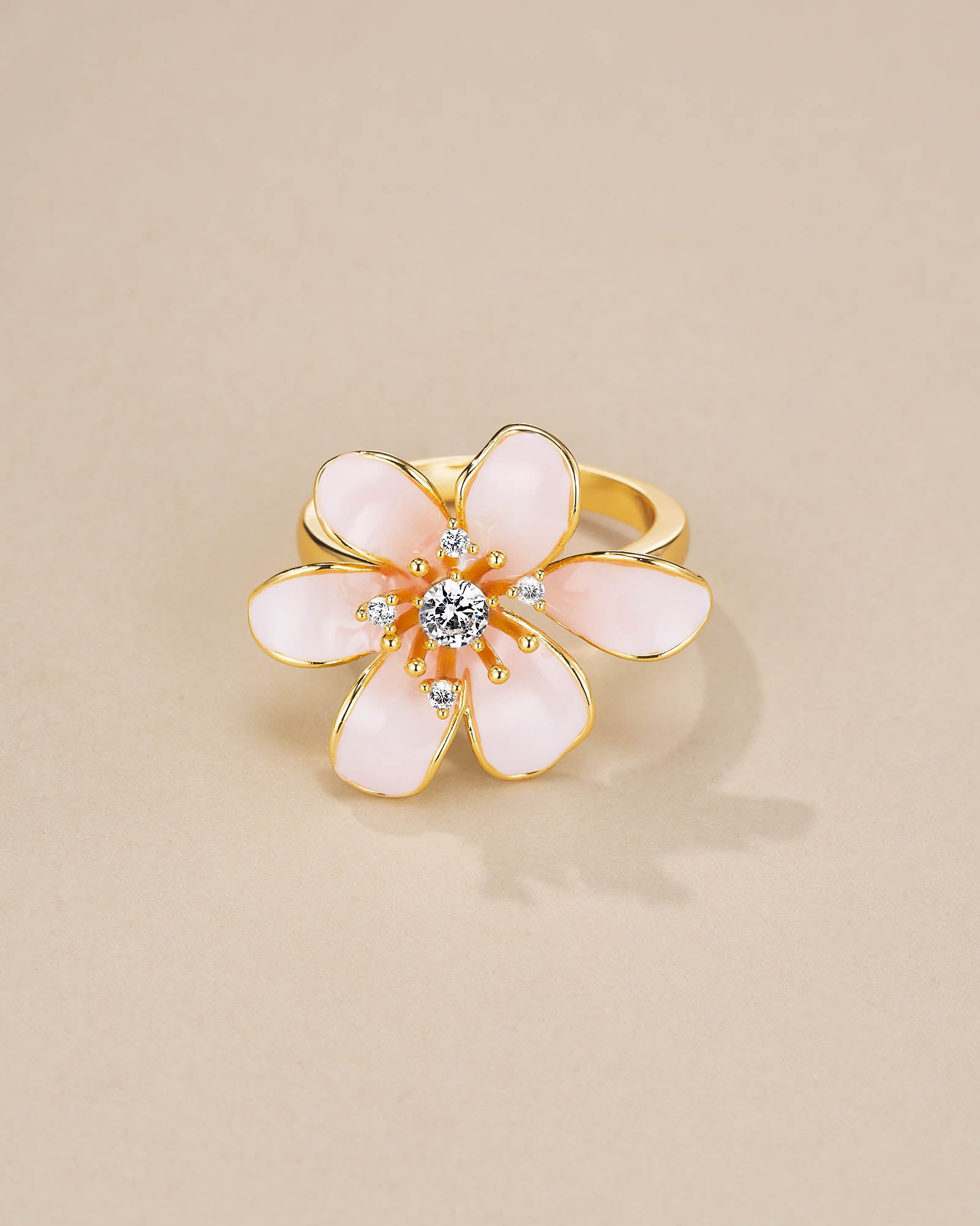 Gold Pink Enamel Adjustable Ring with CZ