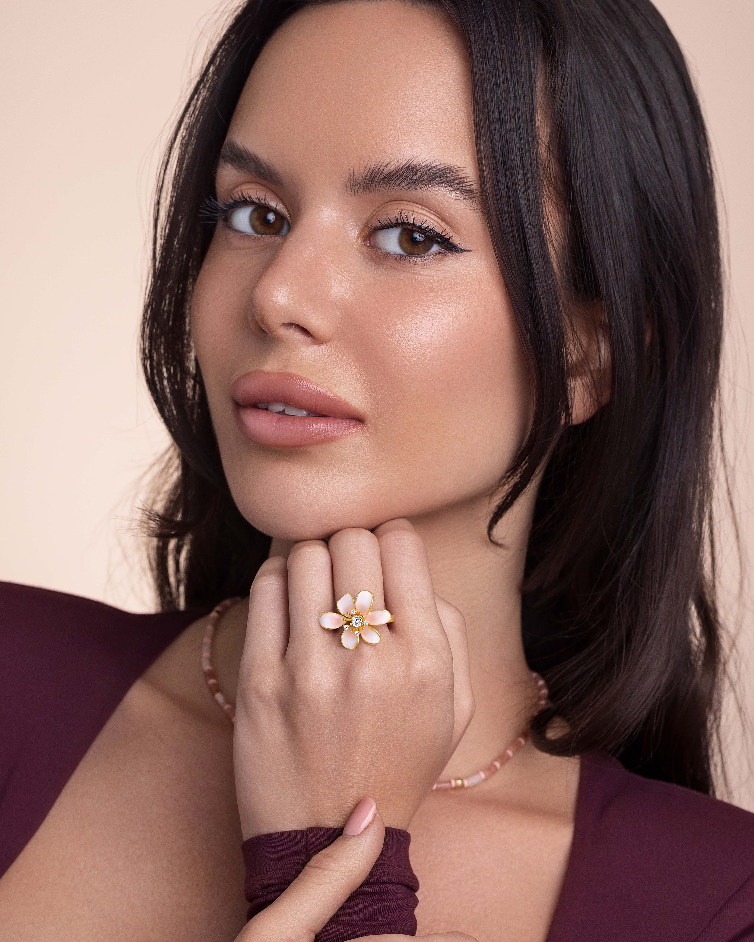 Gold Pink Enamel Adjustable Ring with CZ