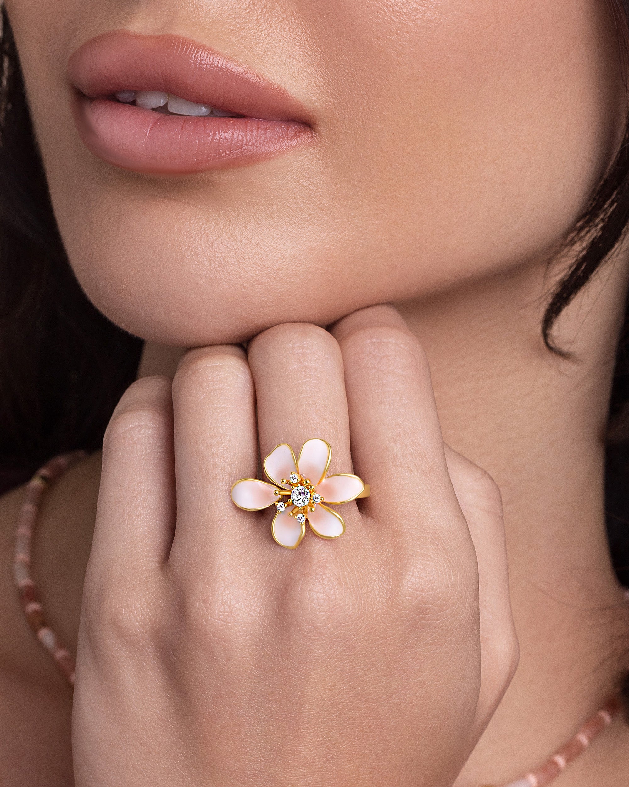 Gold Pink Enamel Adjustable Ring with CZ