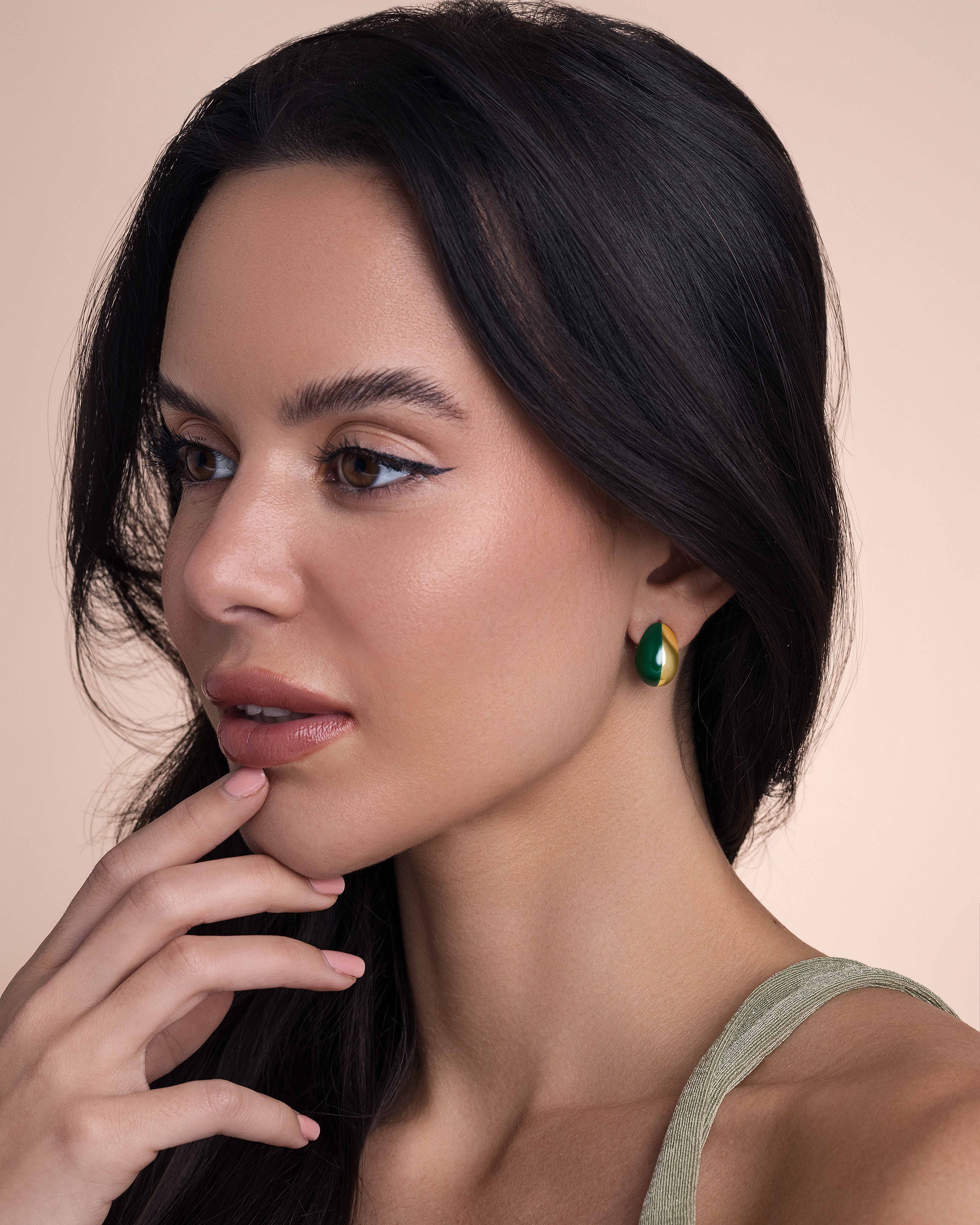 Green Enamel Gold C-Shaped Huggie Earrings