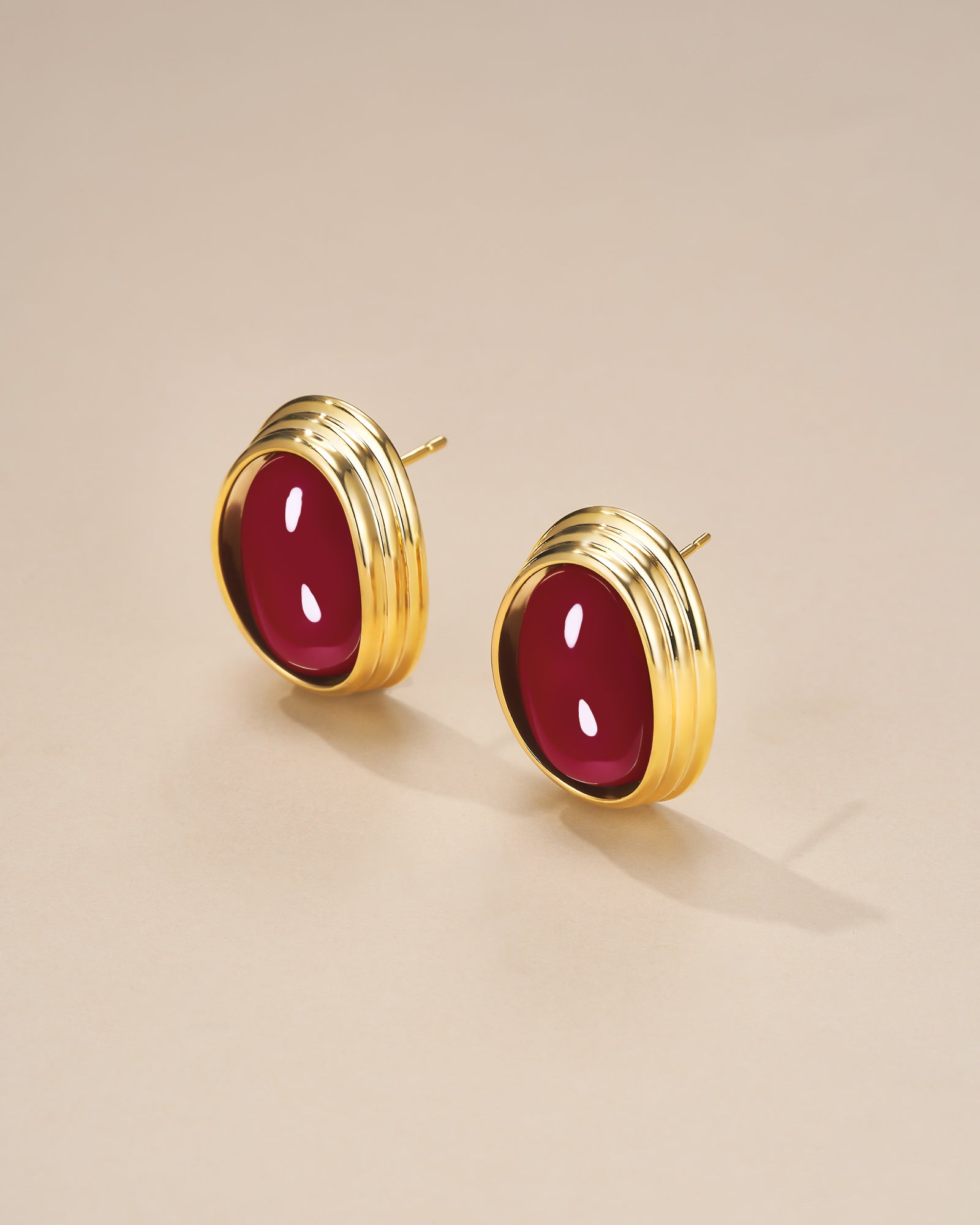 Chunky Stud Earrings In Gold Tone Maroon Enamel Style