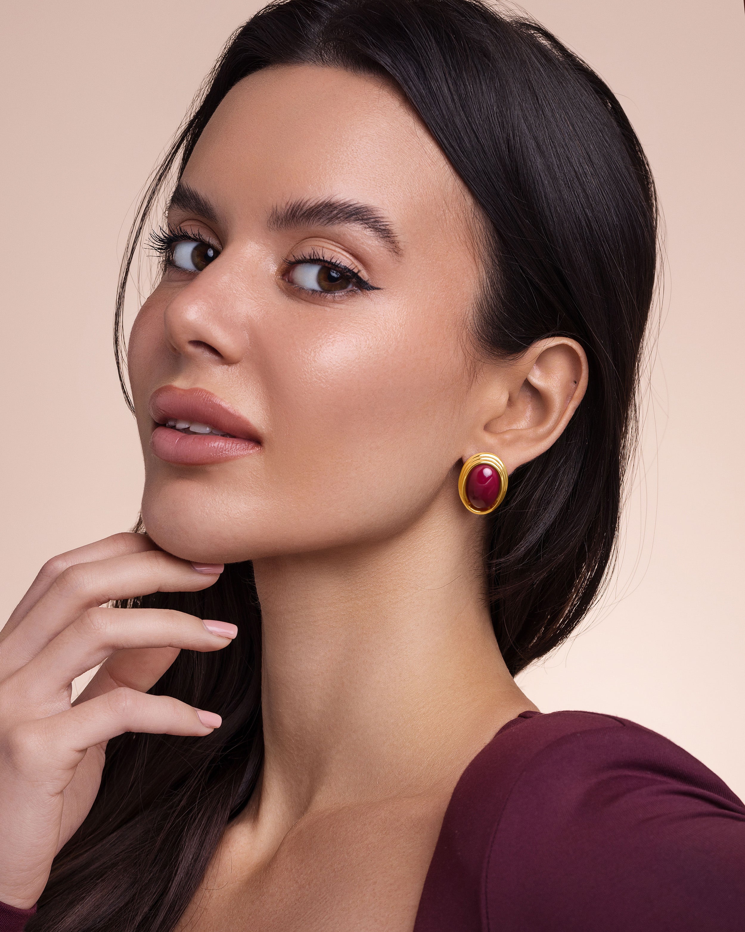 Gold Maroon Enamel Chunky Stud Earrings