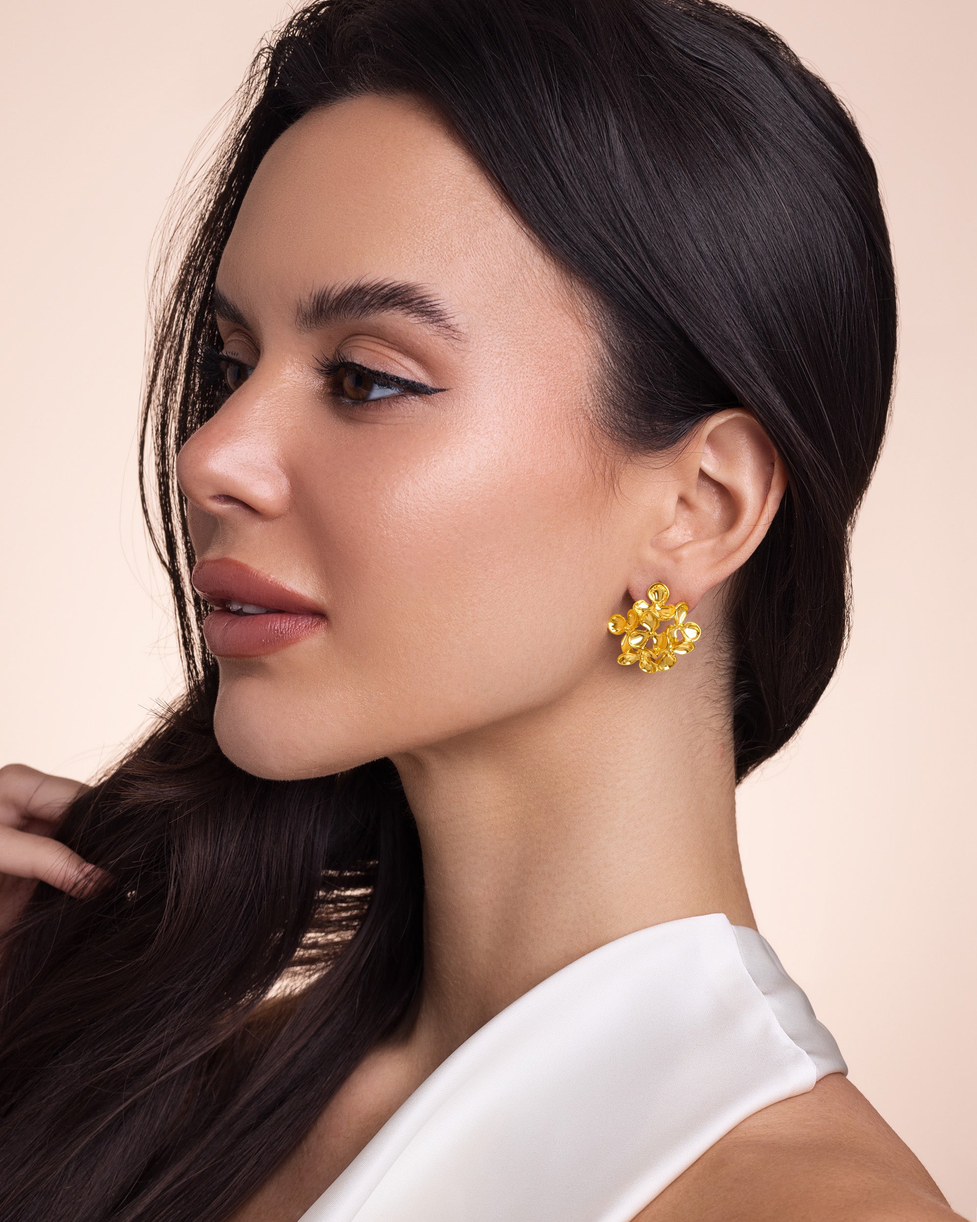 Floral Cluster Stud Earrings In Gold Tone Statement Style