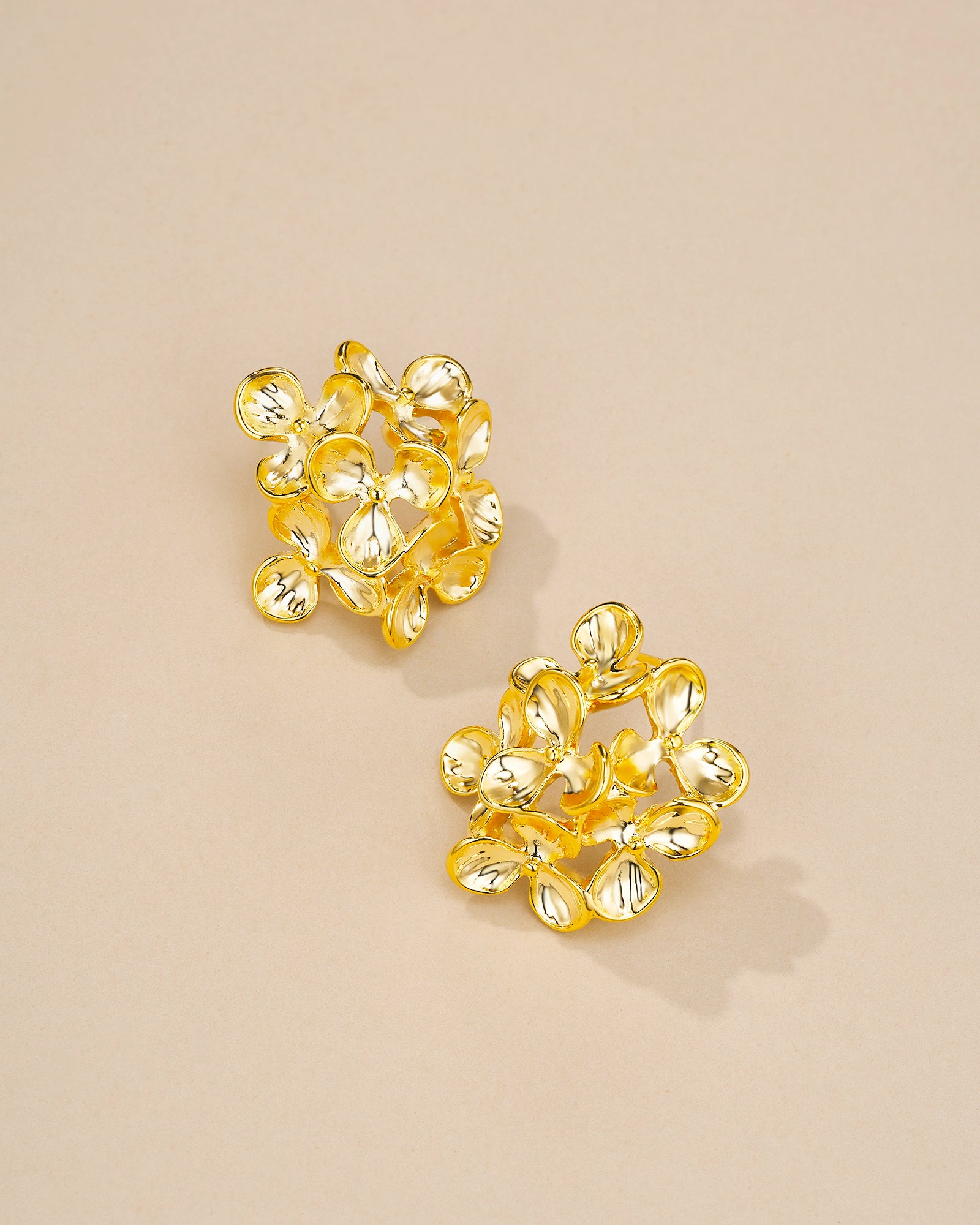 Floral Cluster Stud Earrings In Gold Tone Statement Style