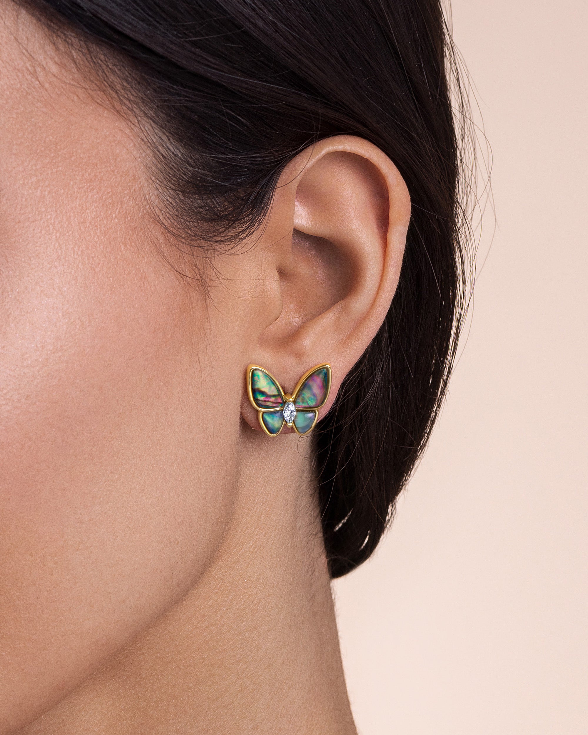 Butterfly Stud Earrings With Mother Of Pearl Style Accent