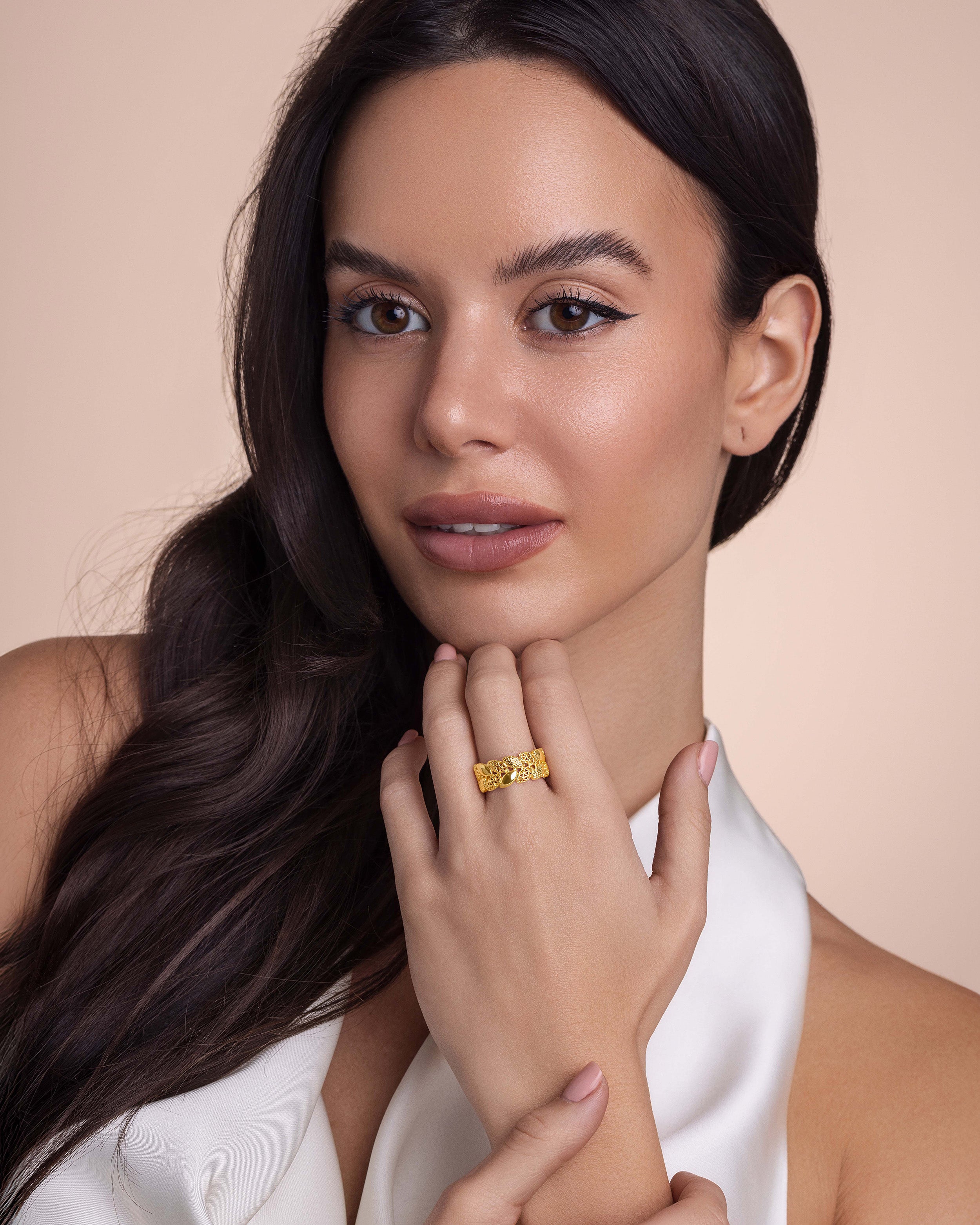 Gold Floral Petal Patterned Adjustable Ring