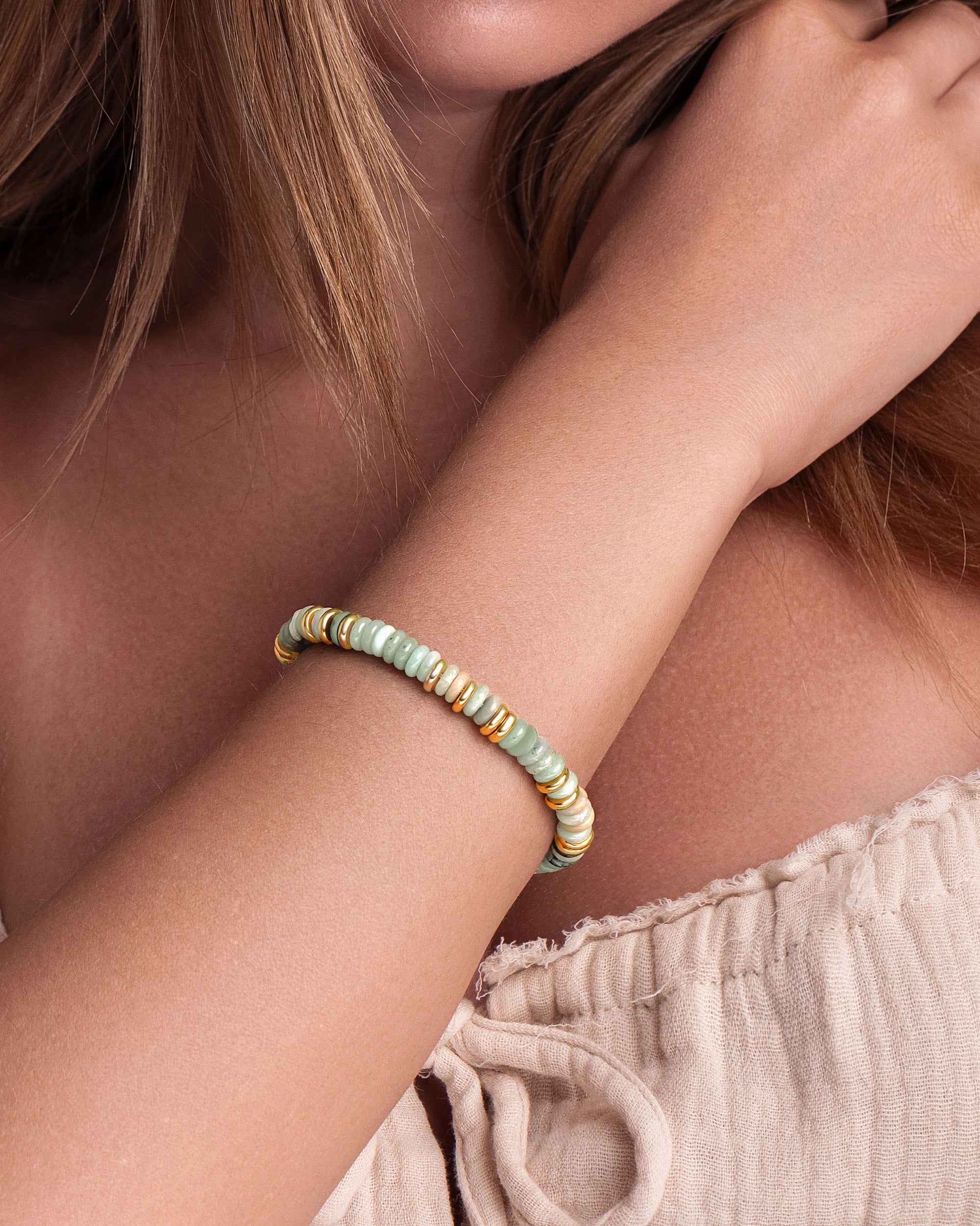 Gold Natural Stone Bead Bracelet - Mist