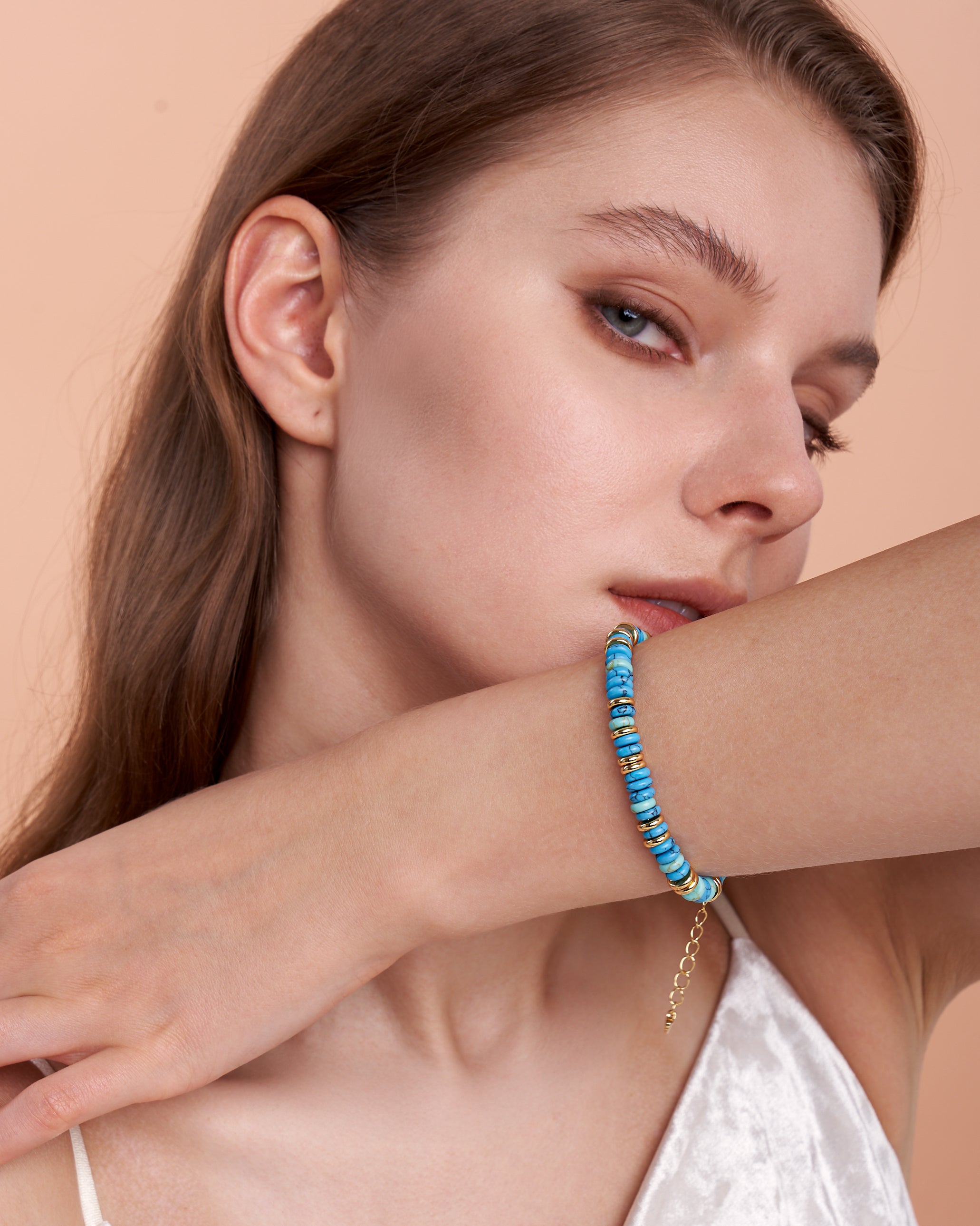 Gold Natural Stone Bead Bracelet- Turquoise