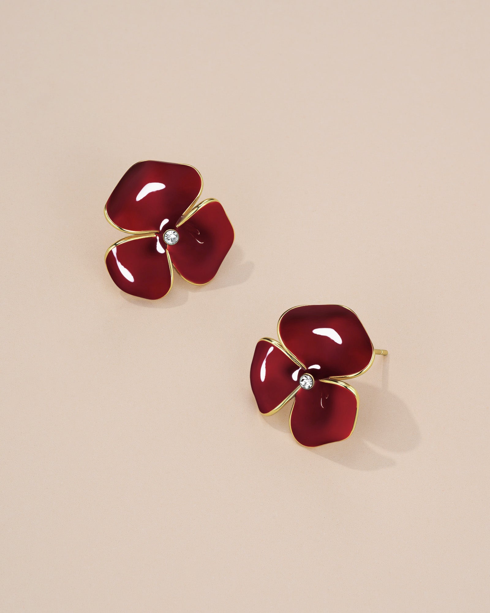 Enamel Floral Petal Studs with CZ - Maroon